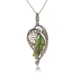 Antique Art Nouveau Silver Plique À Jour Leaf Paste Pendant Necklace
