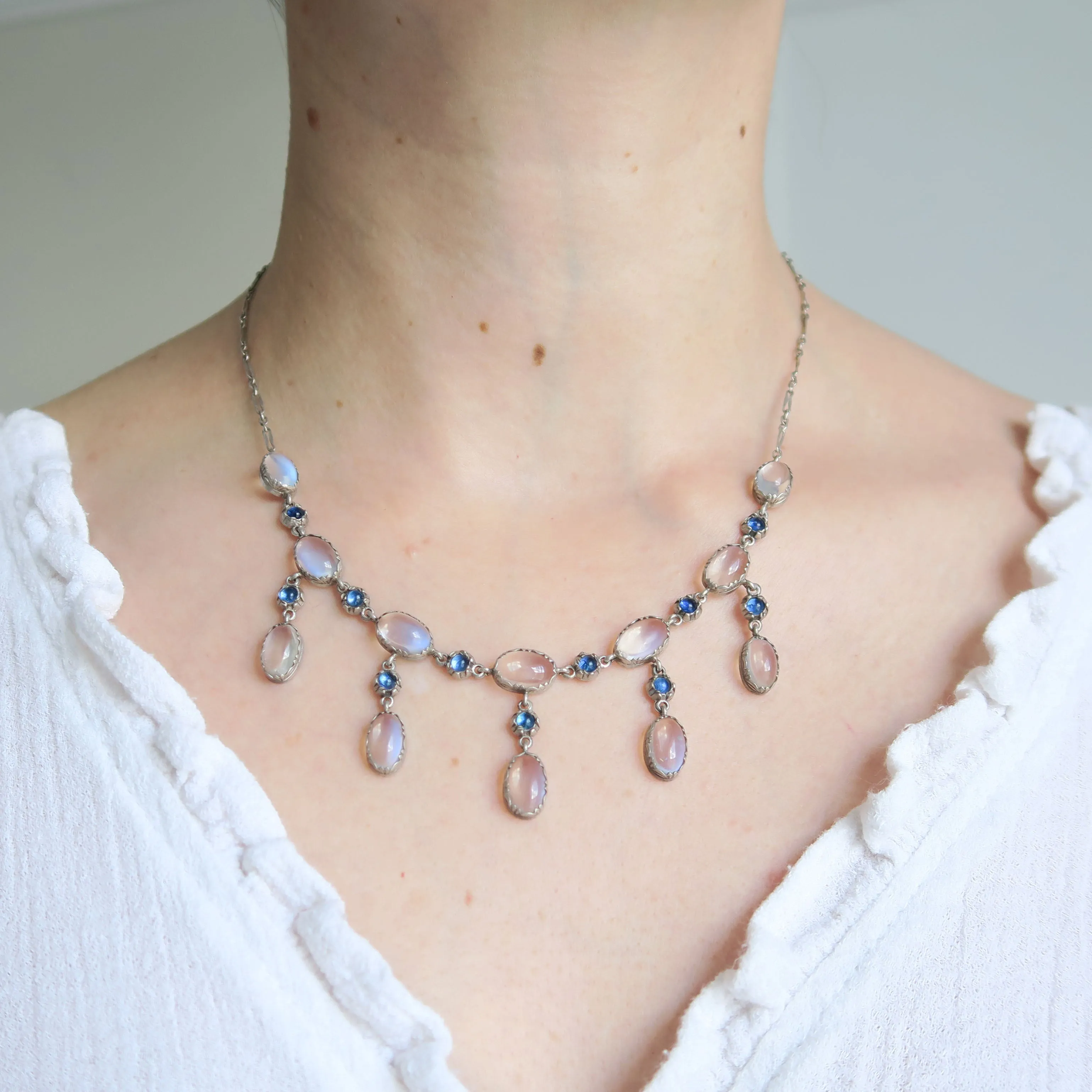 Antique Arts & Crafts Silver Moonstone Festoon Necklace