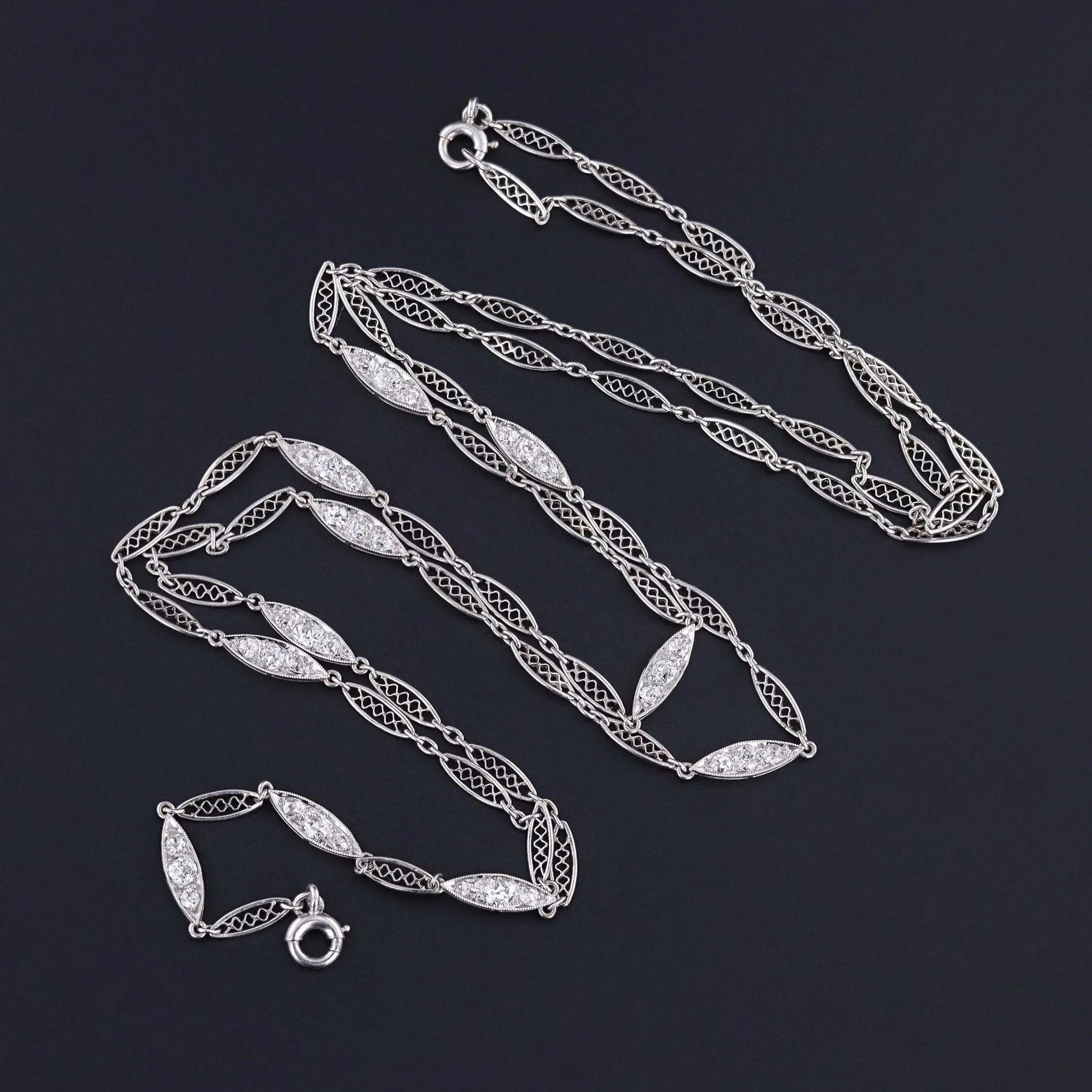 Antique Diamond Filigree Watch Chain of Platinum