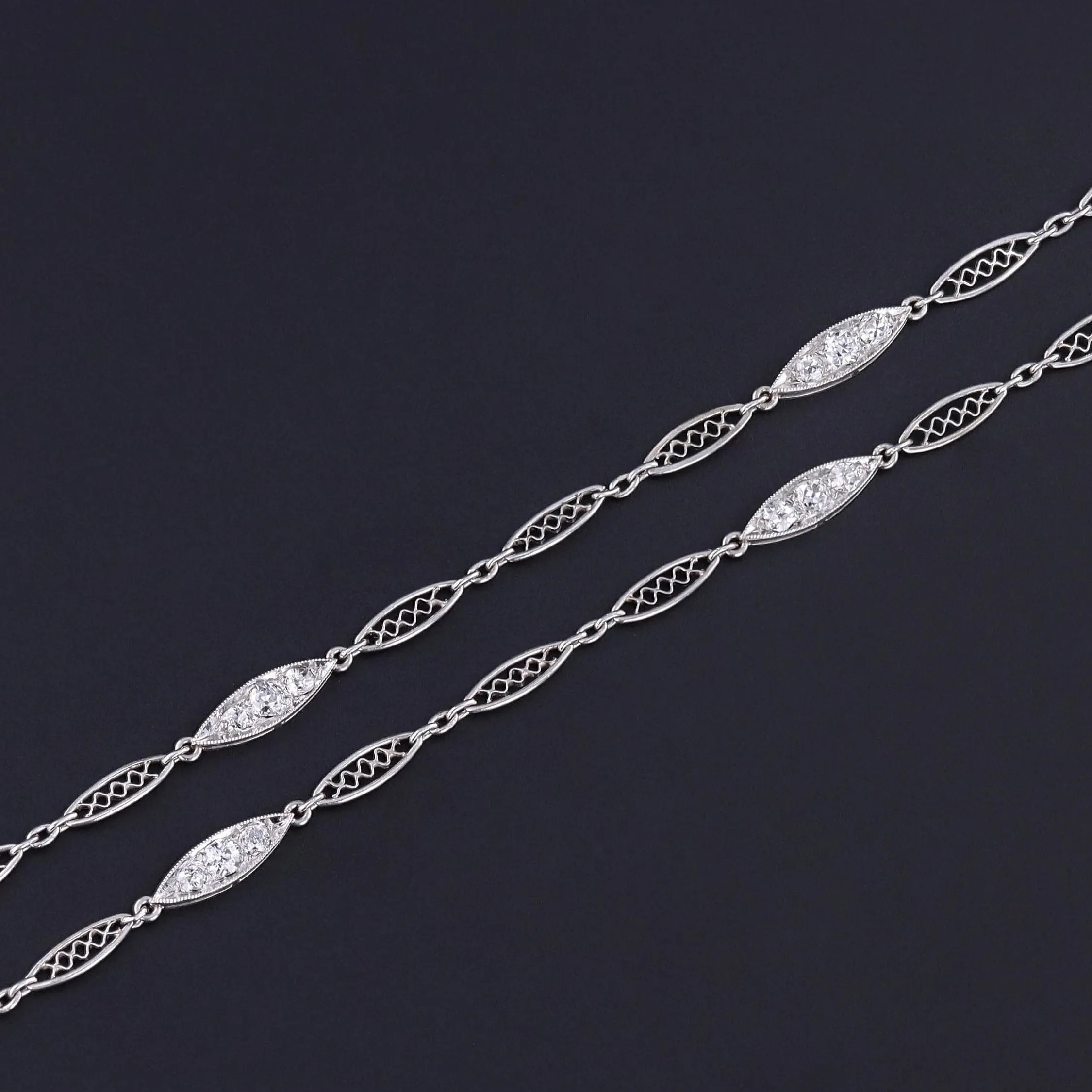 Antique Diamond Filigree Watch Chain of Platinum