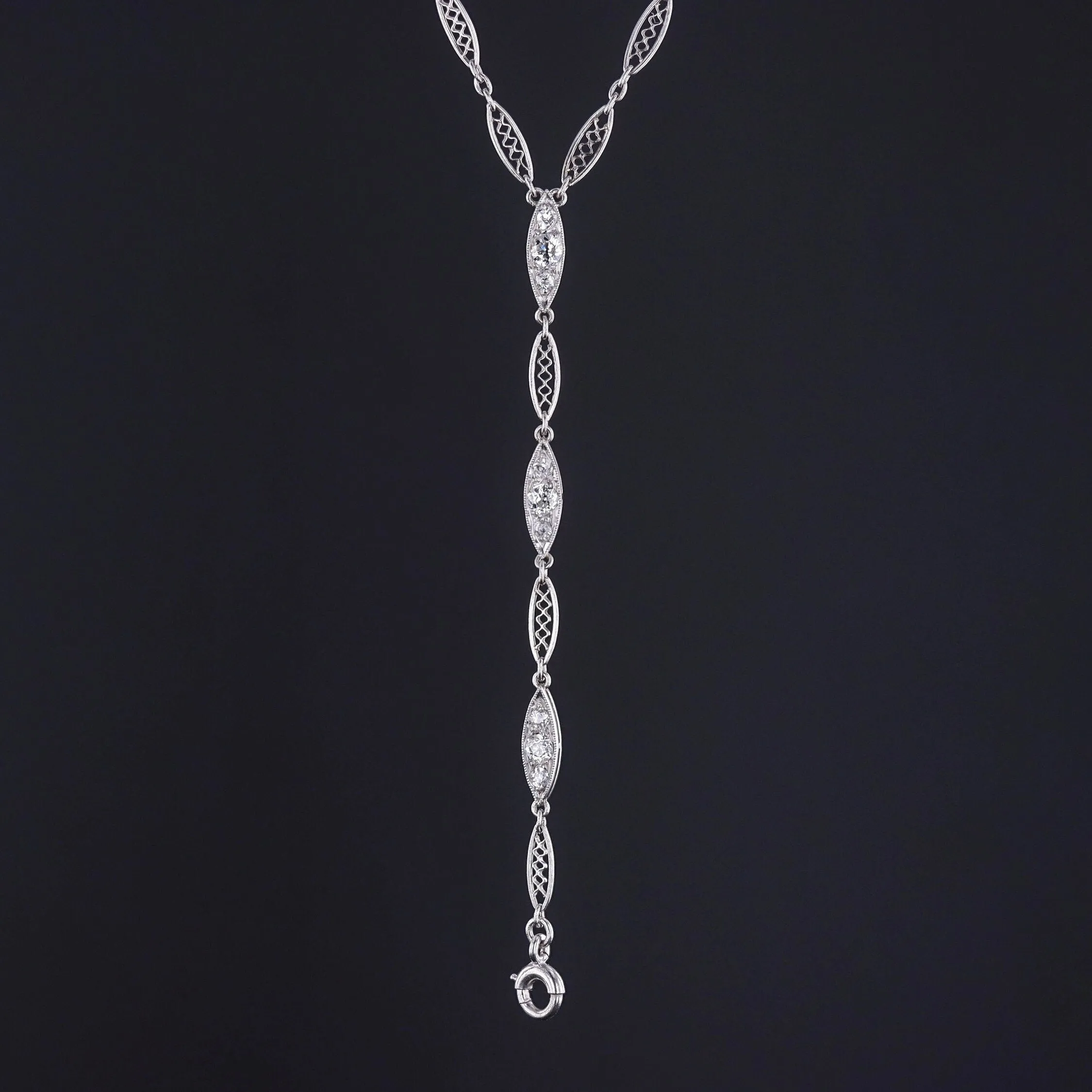 Antique Diamond Filigree Watch Chain of Platinum