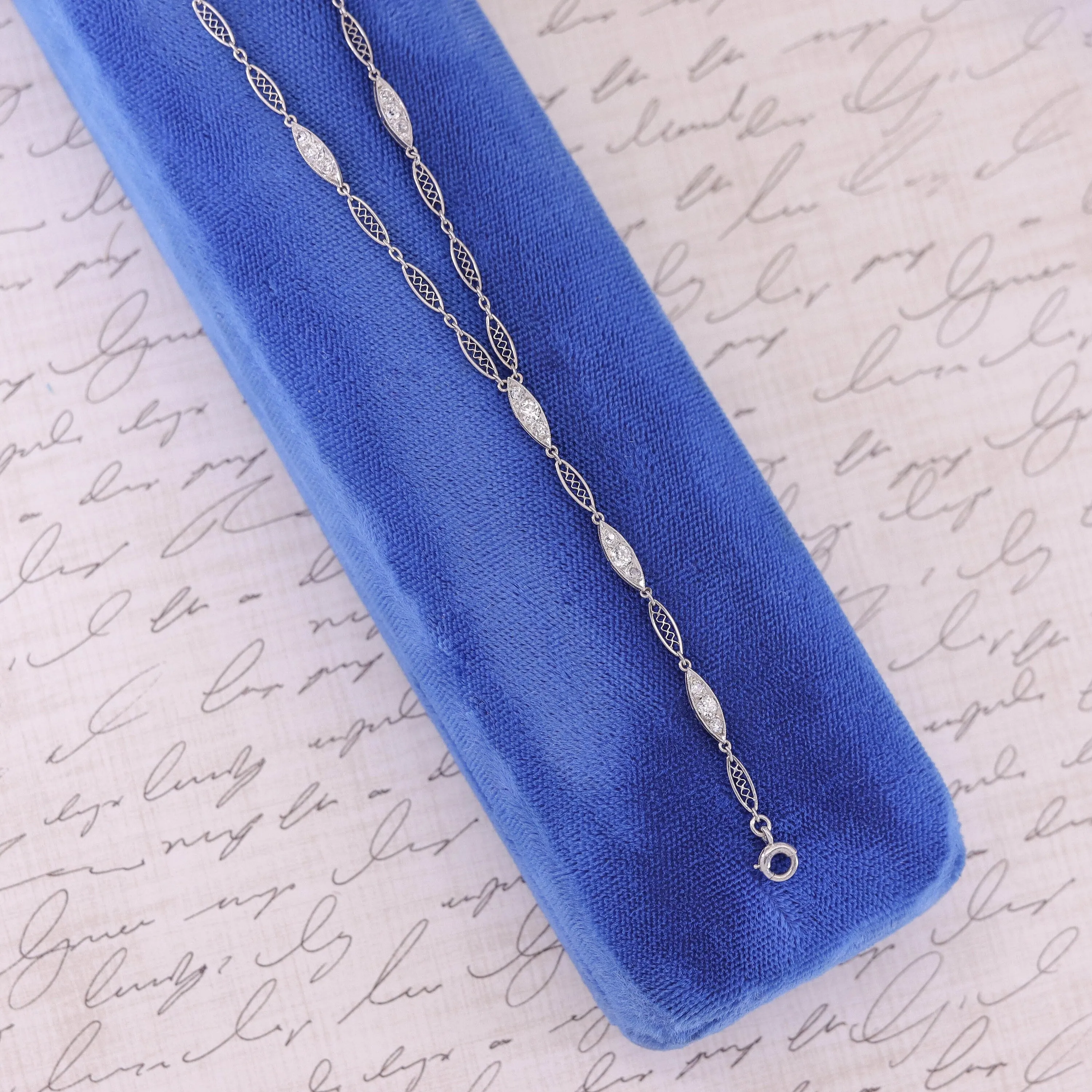 Antique Diamond Filigree Watch Chain of Platinum