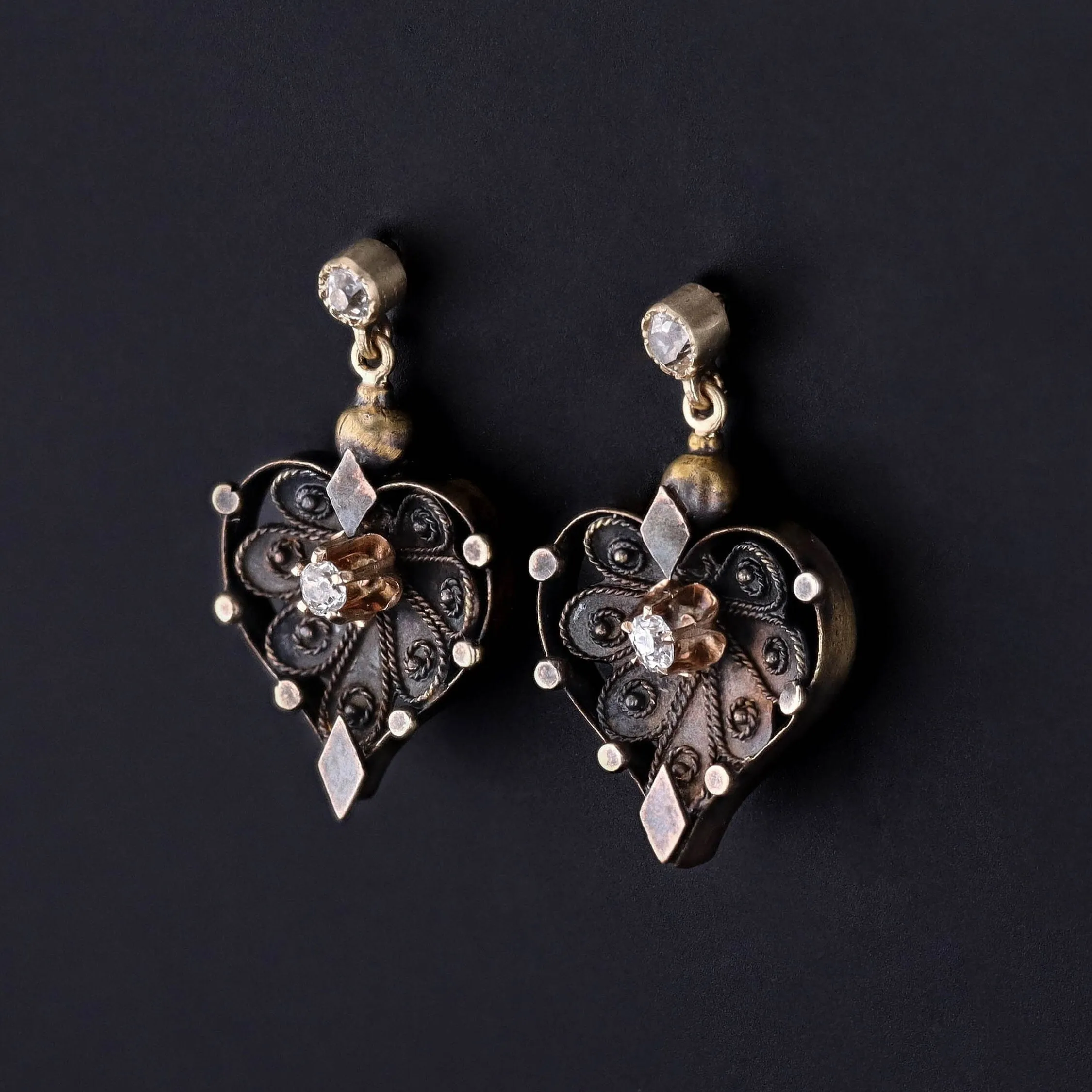 Antique Diamond Heart Conversion Earrings of 14k Gold