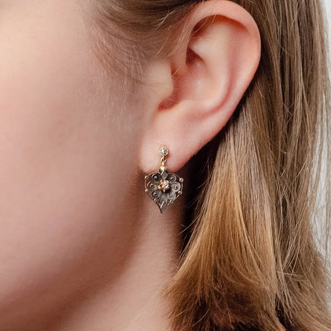 Antique Diamond Heart Conversion Earrings of 14k Gold