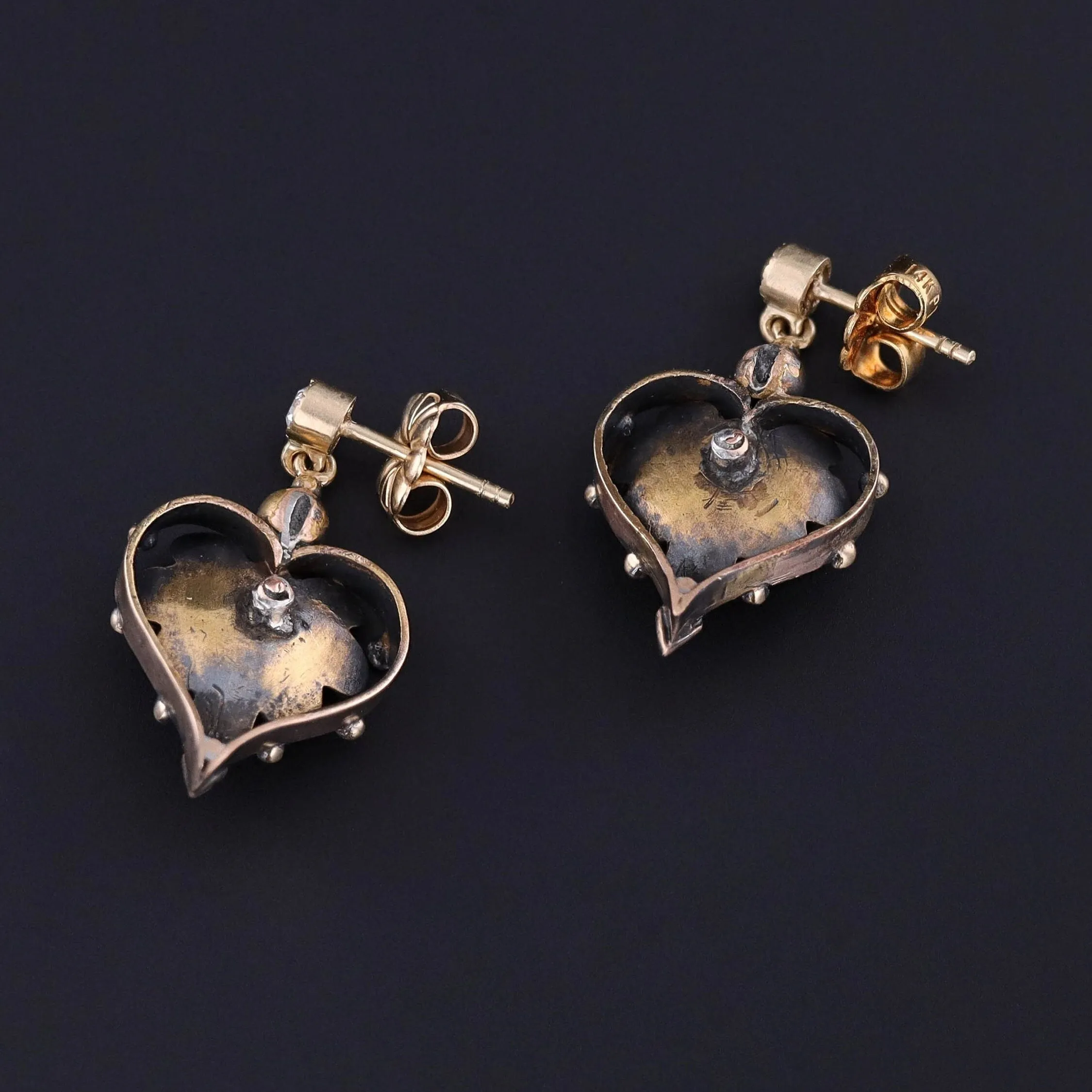 Antique Diamond Heart Conversion Earrings of 14k Gold