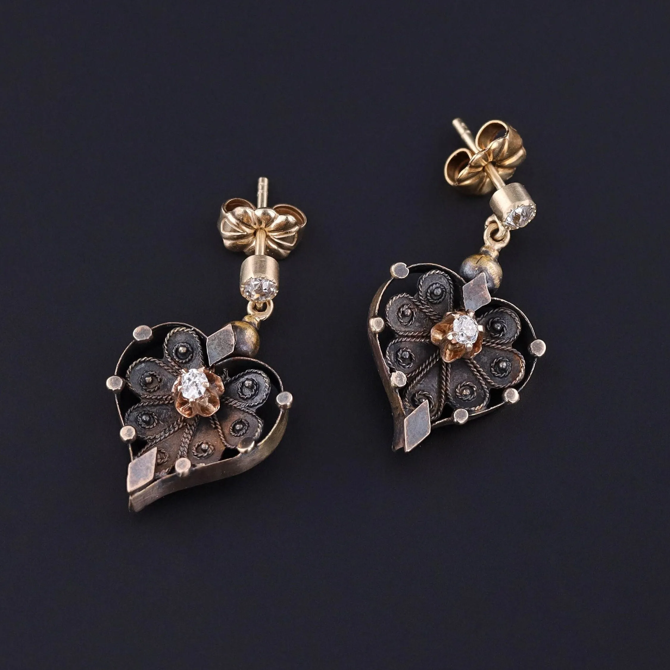 Antique Diamond Heart Conversion Earrings of 14k Gold