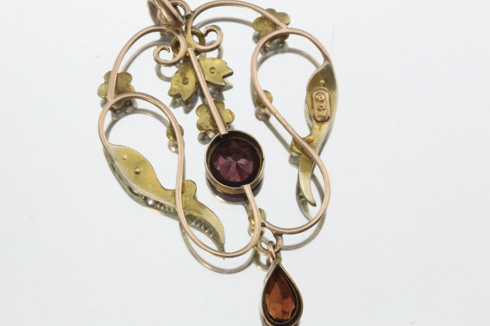 Antique Edwardian Art Nouveau 9ct 9k Gold Seed Pearl & Garnet Pendant Lavalier