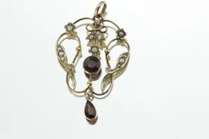 Antique Edwardian Art Nouveau 9ct 9k Gold Seed Pearl & Garnet Pendant Lavalier