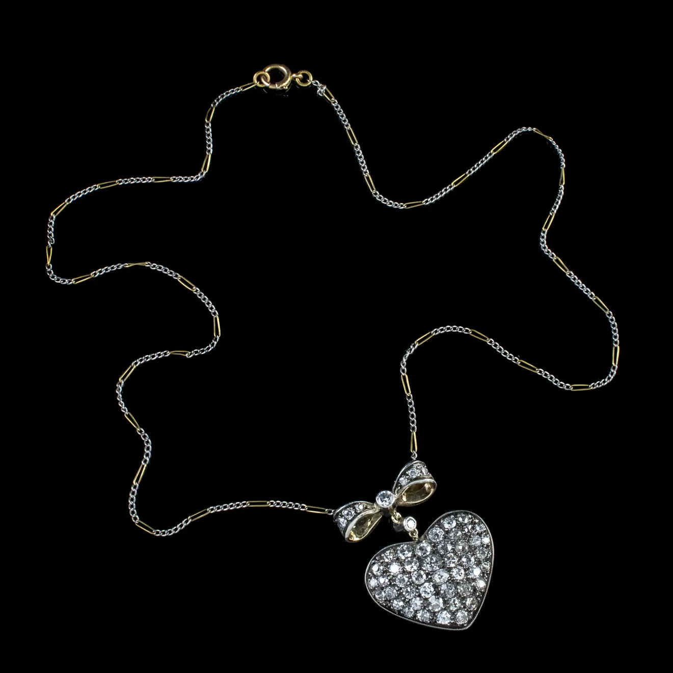 Antique Edwardian Diamond Heart Pendant Necklace 3Ct Old Cut Diamonds Circa 1910