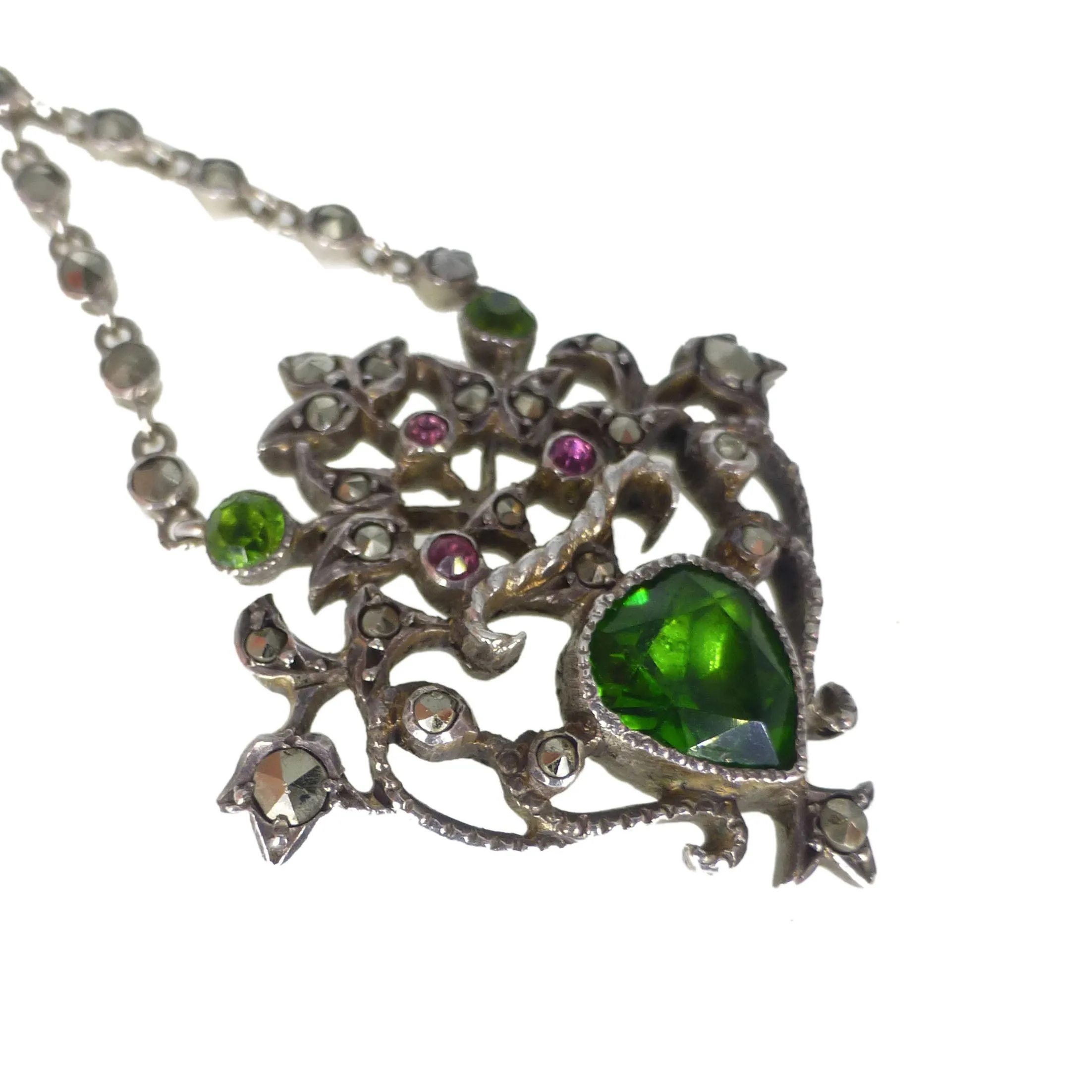 Antique Edwardian Silver Pink & Green Paste Giardinetti Pendant