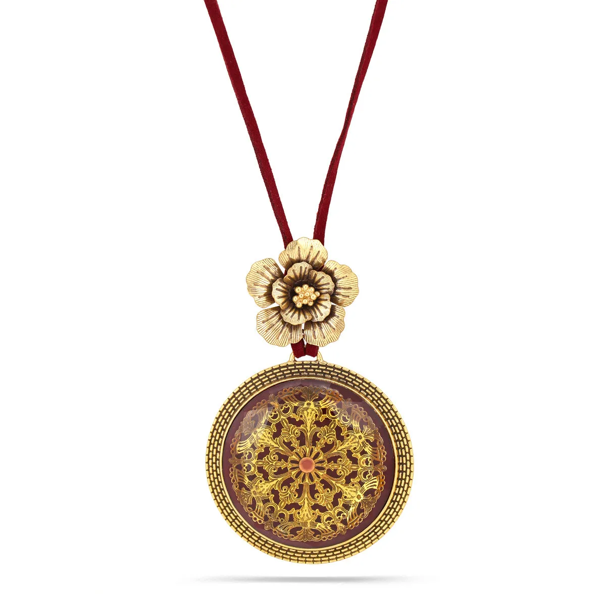 ANTIQUE GOLD FLOWER BURGUNDY ROUND FACETED PENDANT NECKLACES #195WN1401 (2C1)