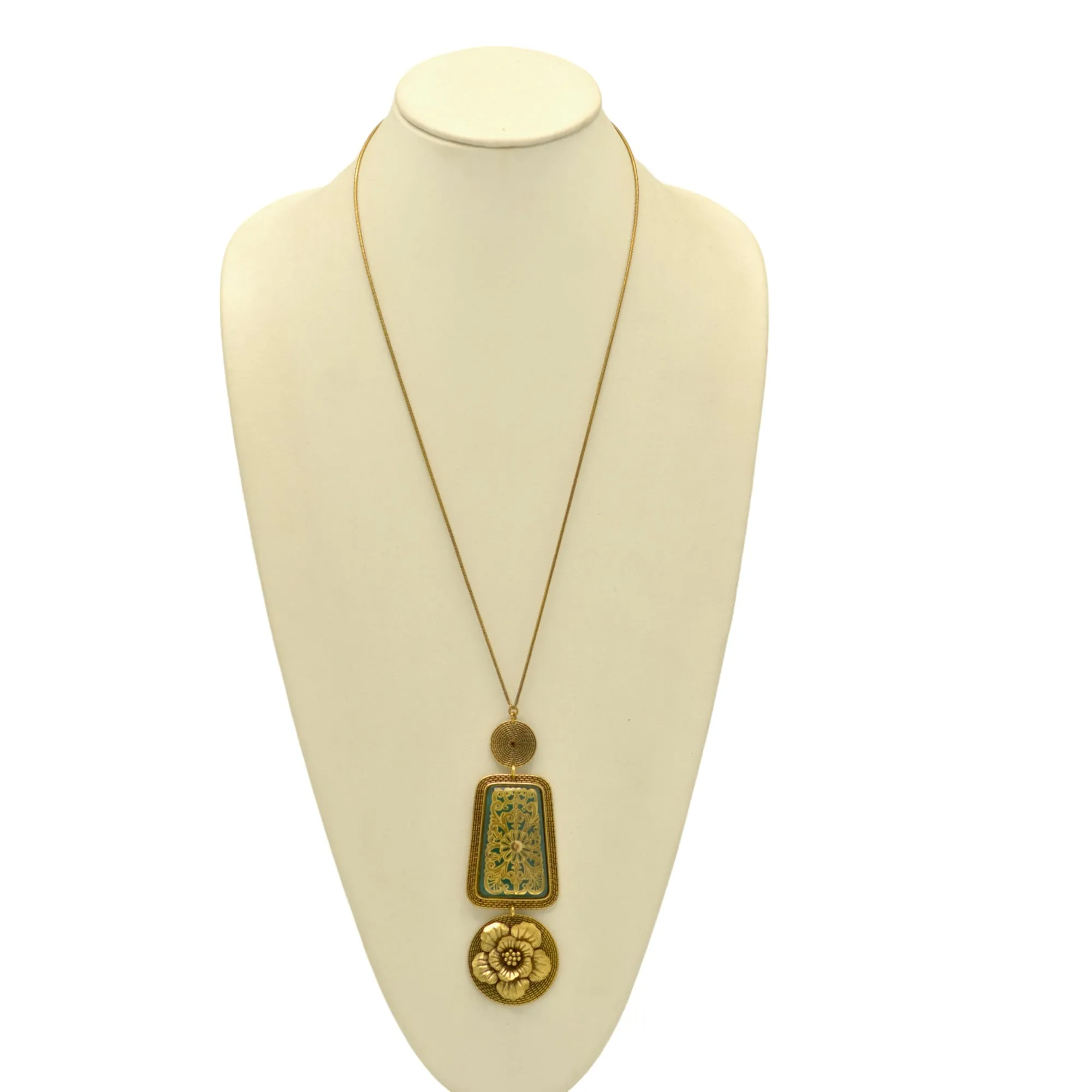 Antique Gold Flower Green Pendant long Necklaces #195TL1301 (2C2)