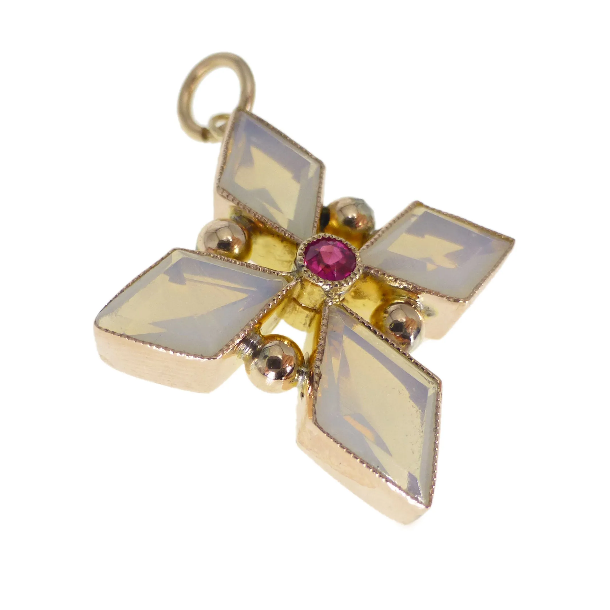 Antique Gold Opaline & Pink Topaz Star Cross Pendant