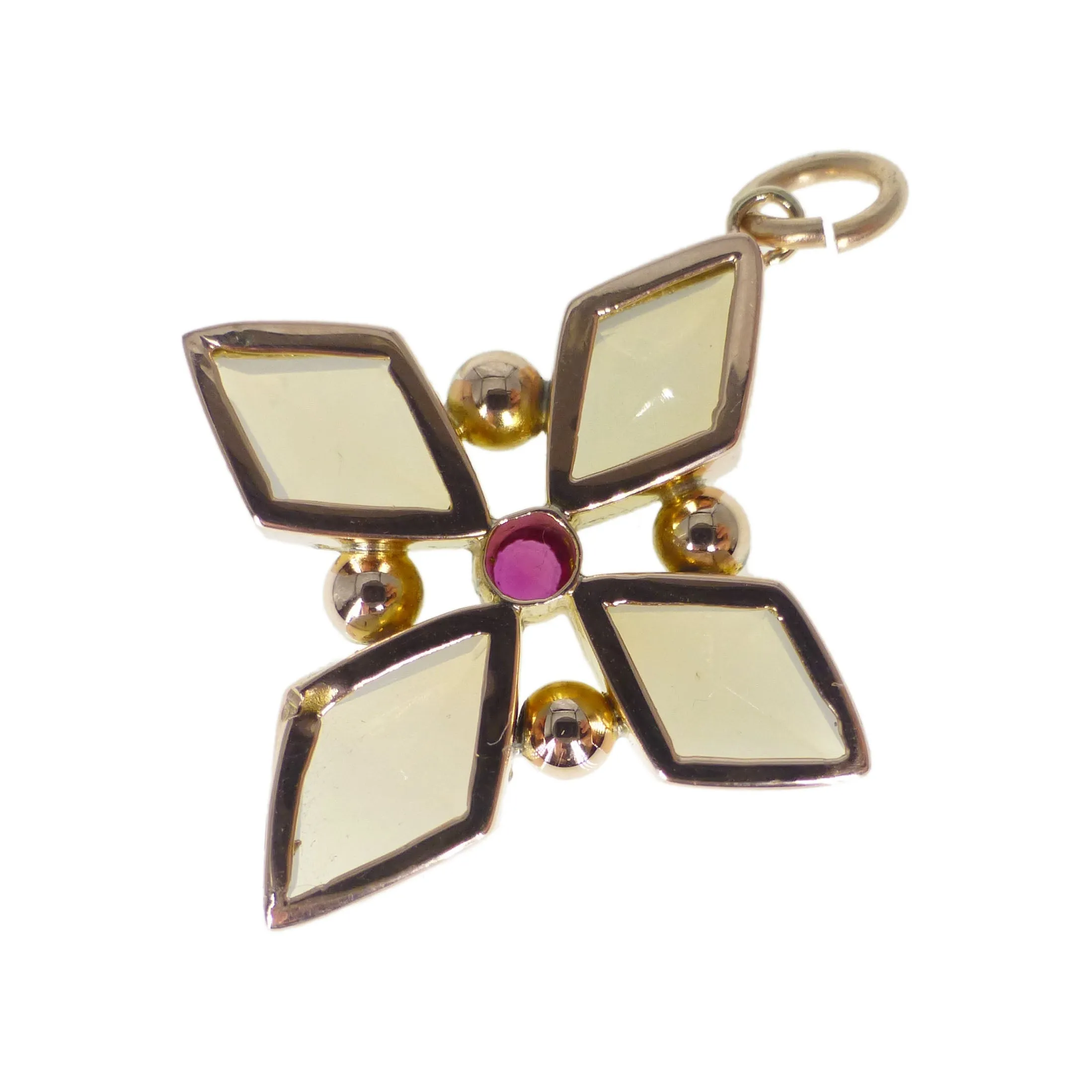 Antique Gold Opaline & Pink Topaz Star Cross Pendant
