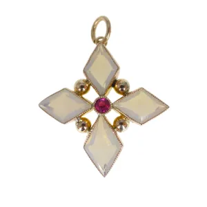 Antique Gold Opaline & Pink Topaz Star Cross Pendant