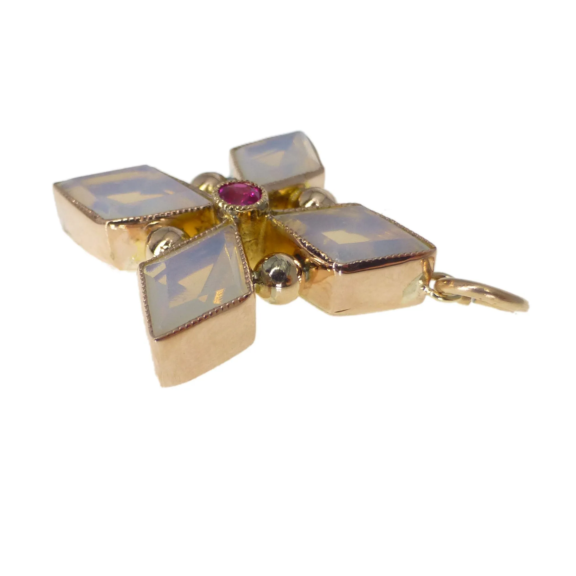 Antique Gold Opaline & Pink Topaz Star Cross Pendant