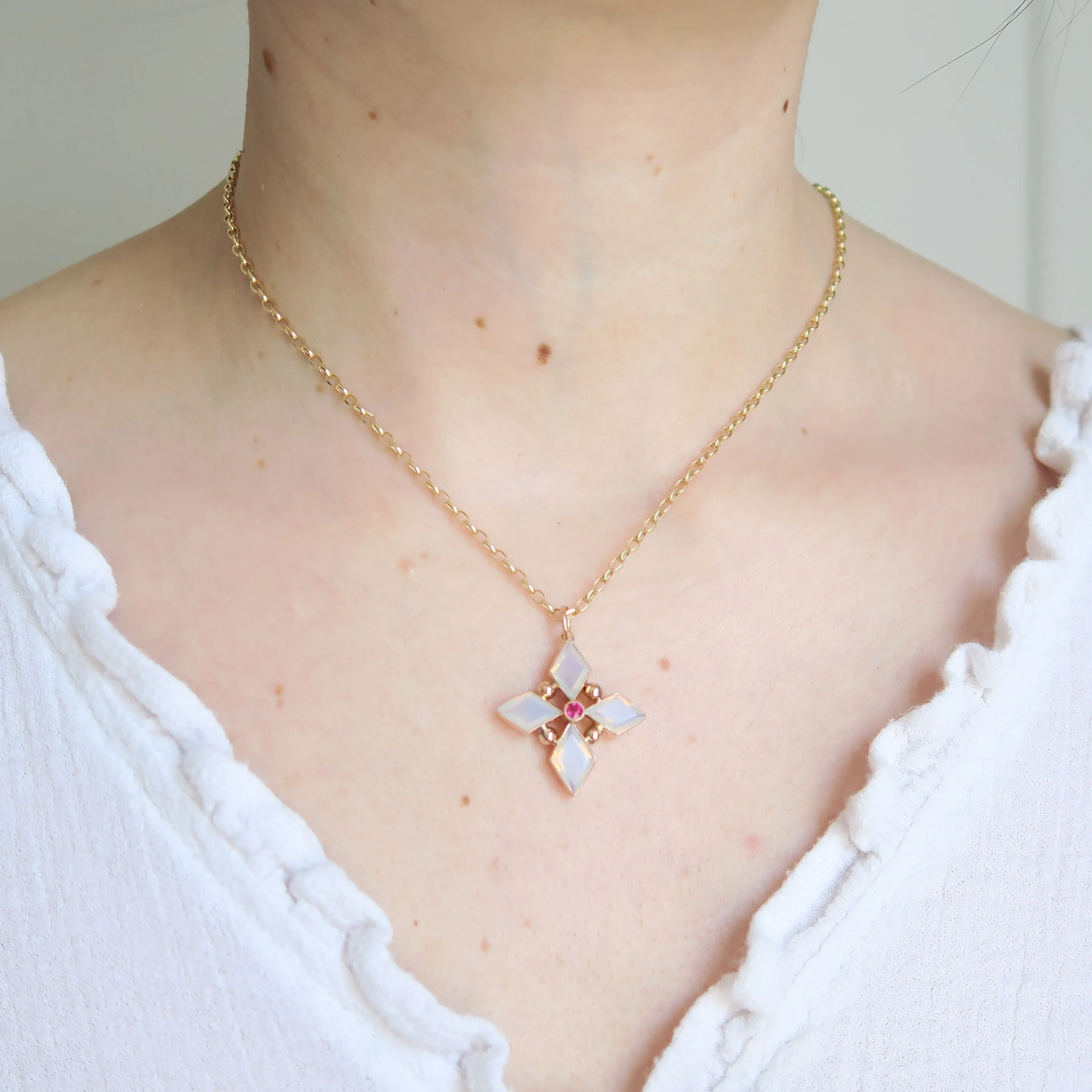 Antique Gold Opaline & Pink Topaz Star Cross Pendant