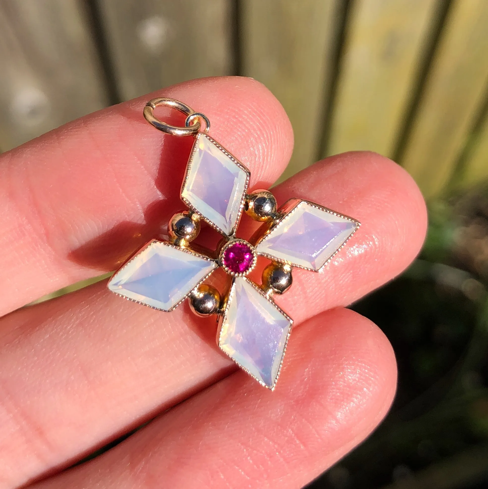 Antique Gold Opaline & Pink Topaz Star Cross Pendant