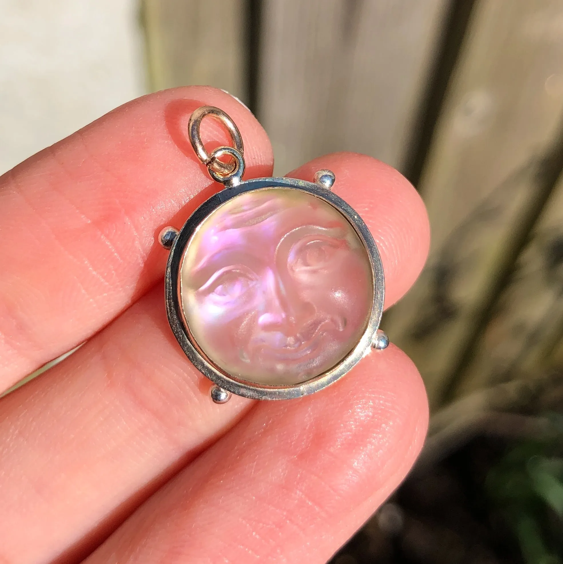 Antique Iridescent Man In The Moon Glass Pendant