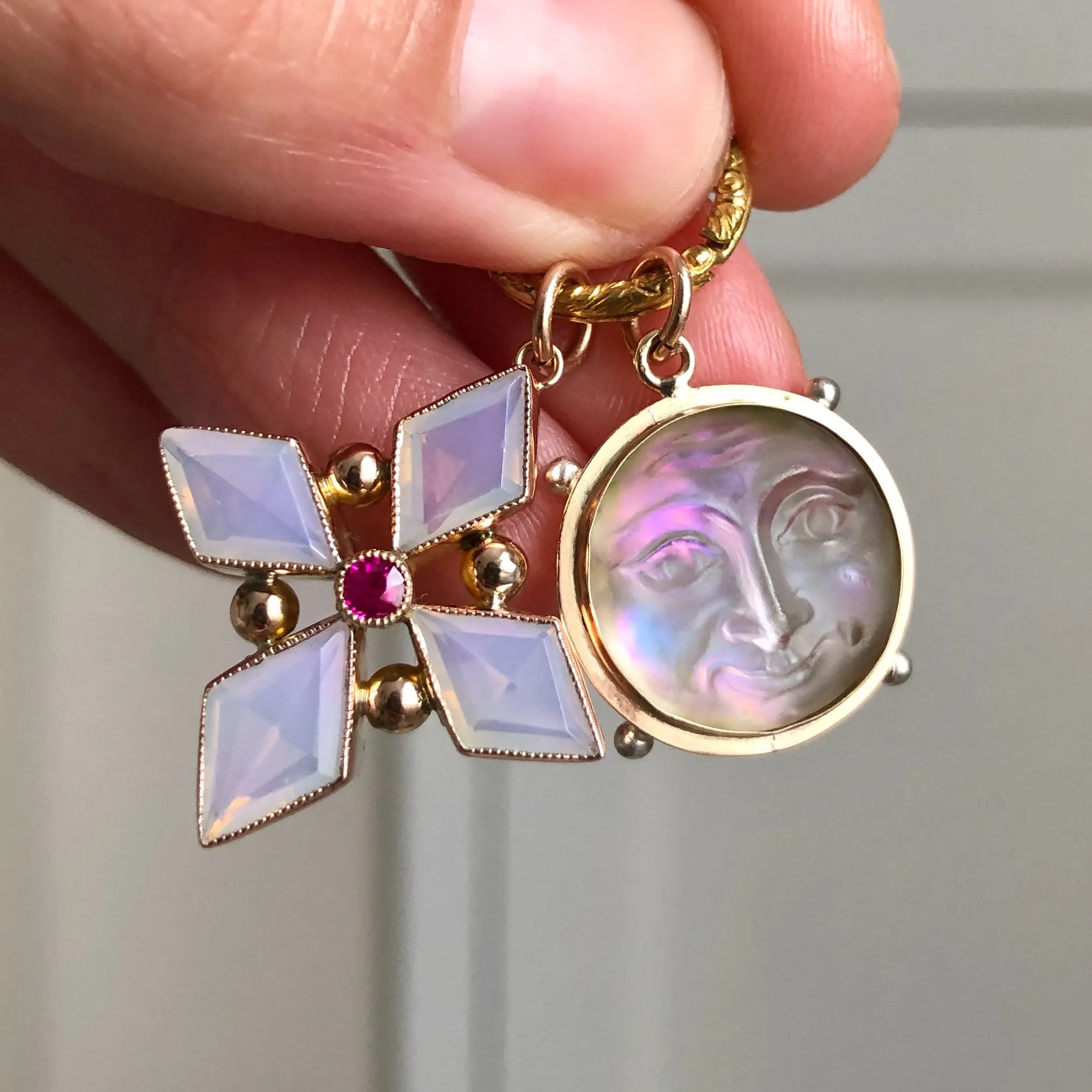 Antique Iridescent Man In The Moon Glass Pendant