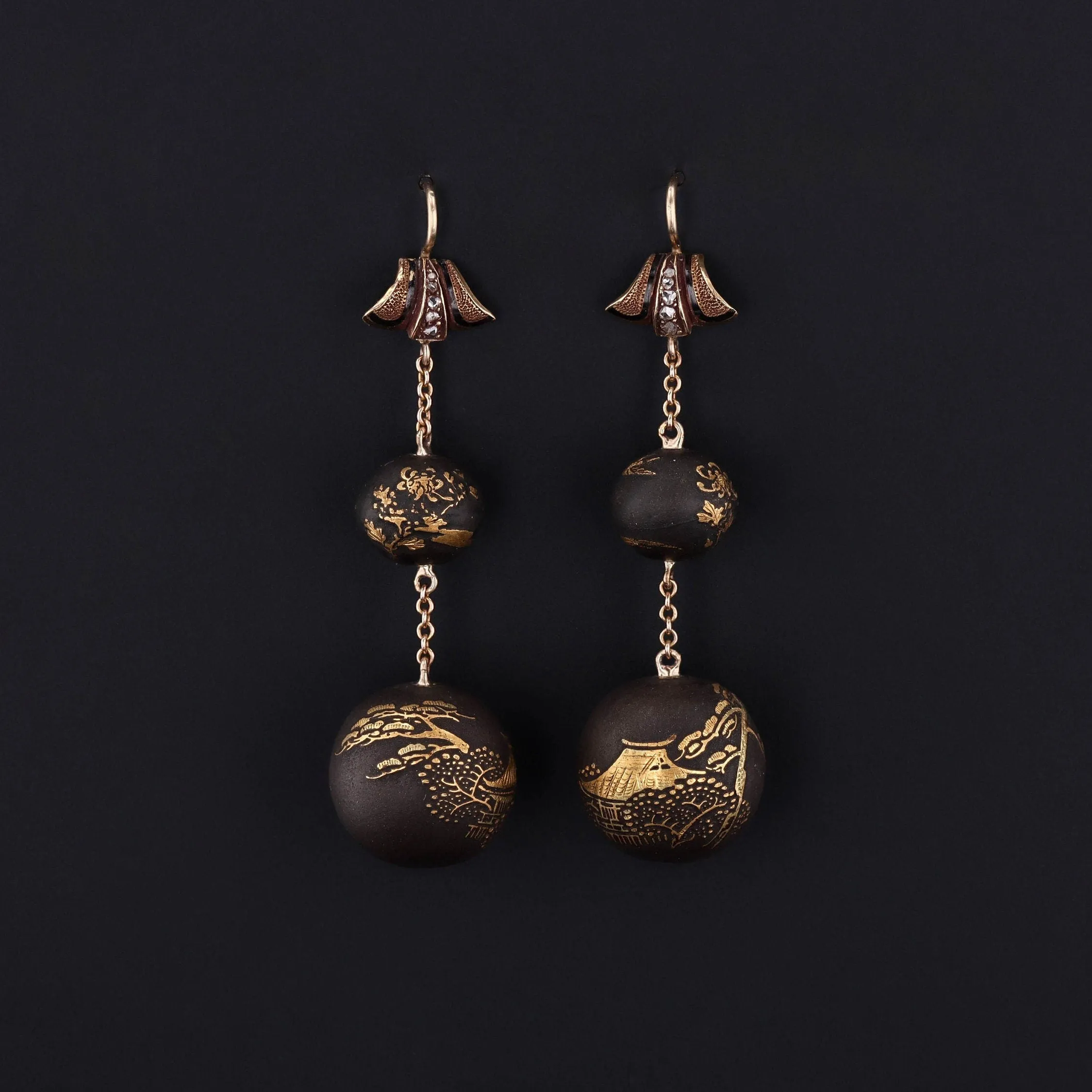 Antique Niello Conversion Earrings with 14k Gold