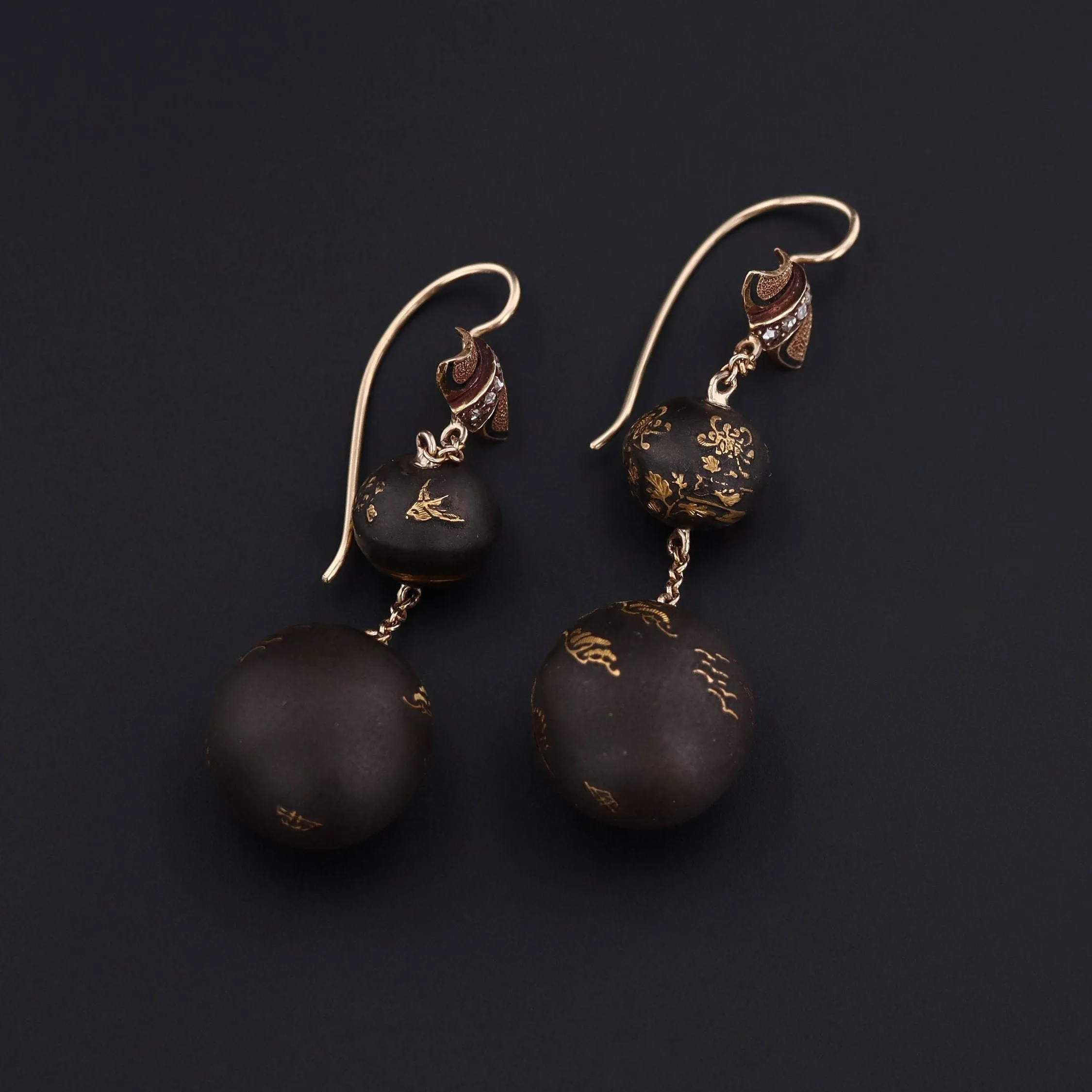 Antique Niello Conversion Earrings with 14k Gold