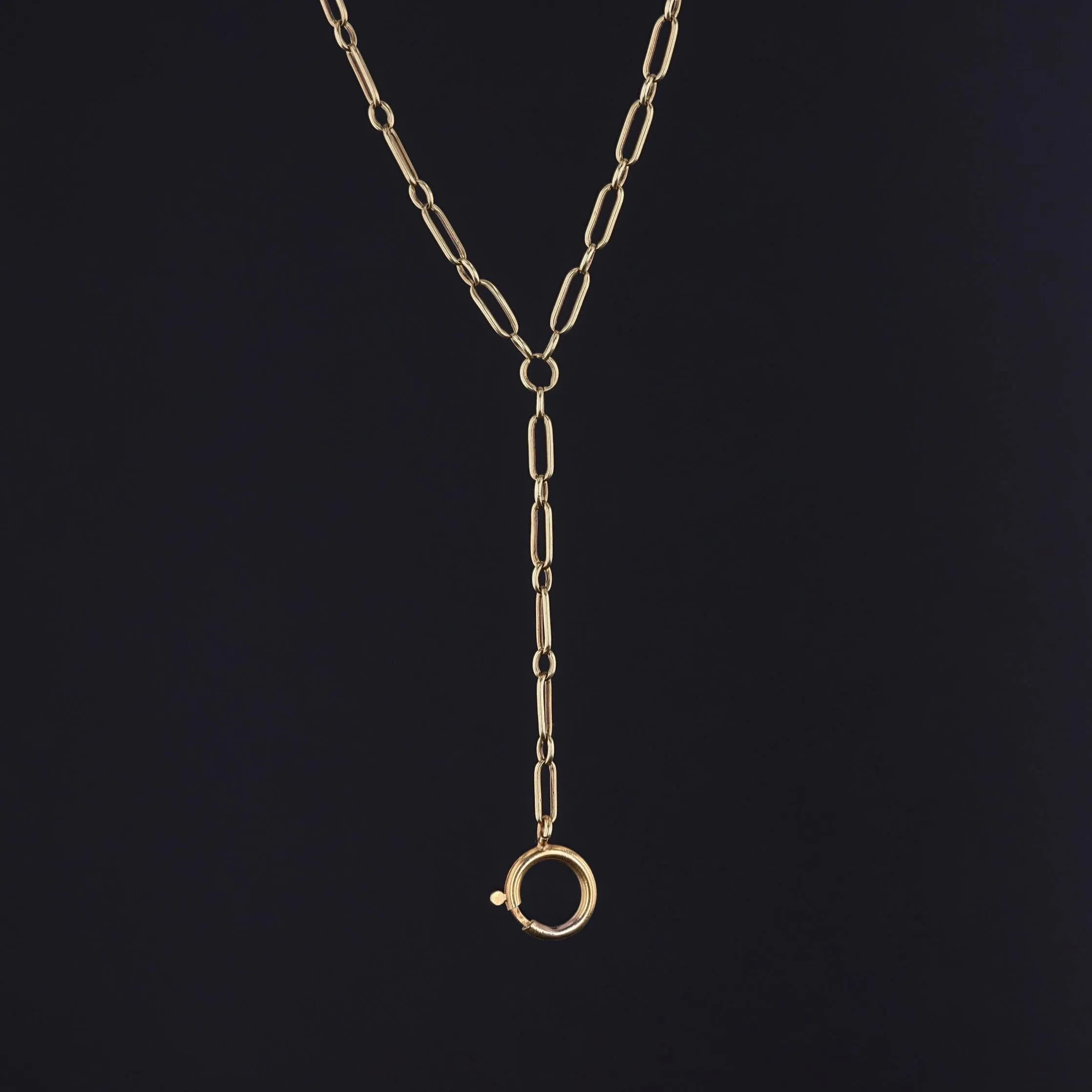 Antique Paperclip Link Lariat Watch Chain Necklace of 14k Gold