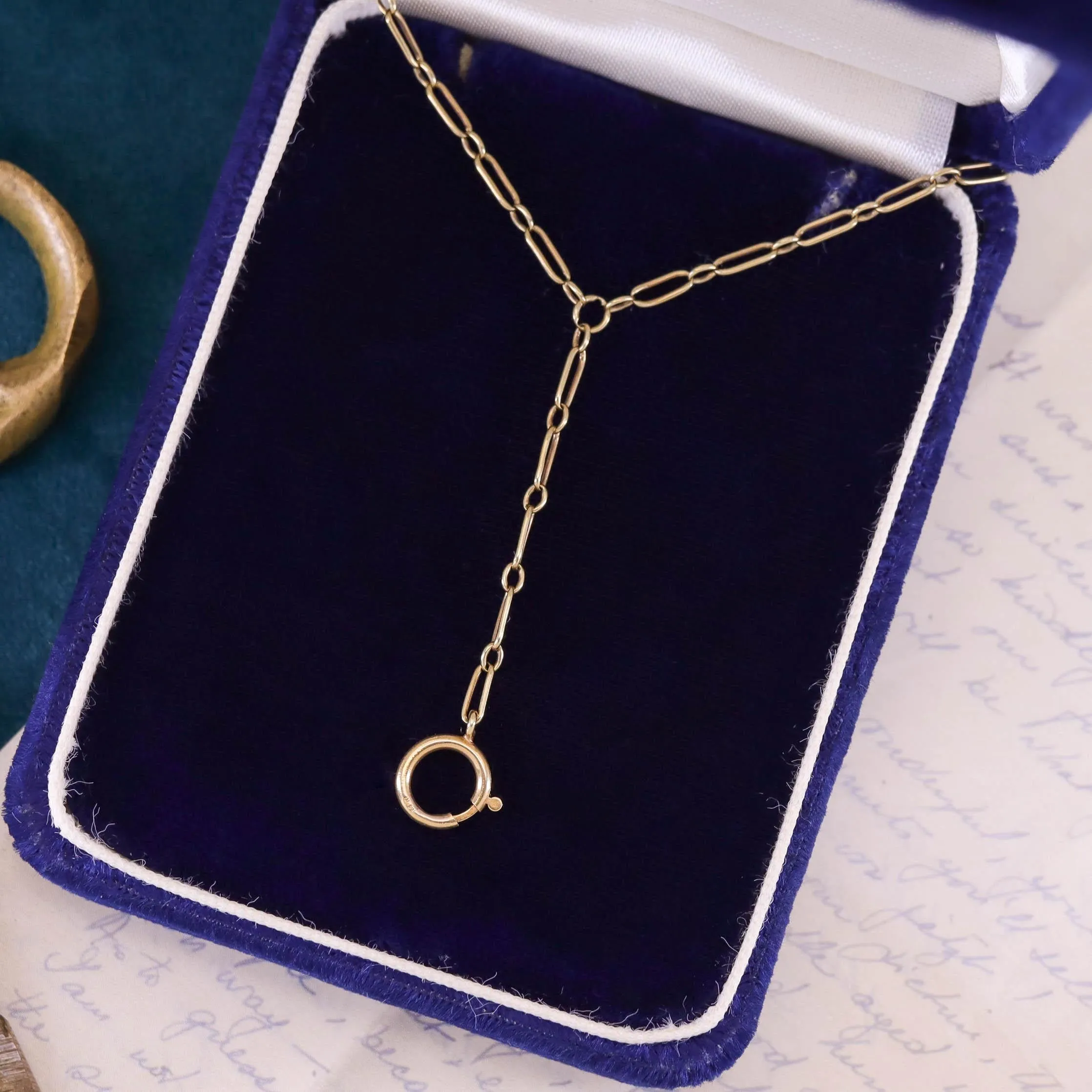 Antique Paperclip Link Lariat Watch Chain Necklace of 14k Gold