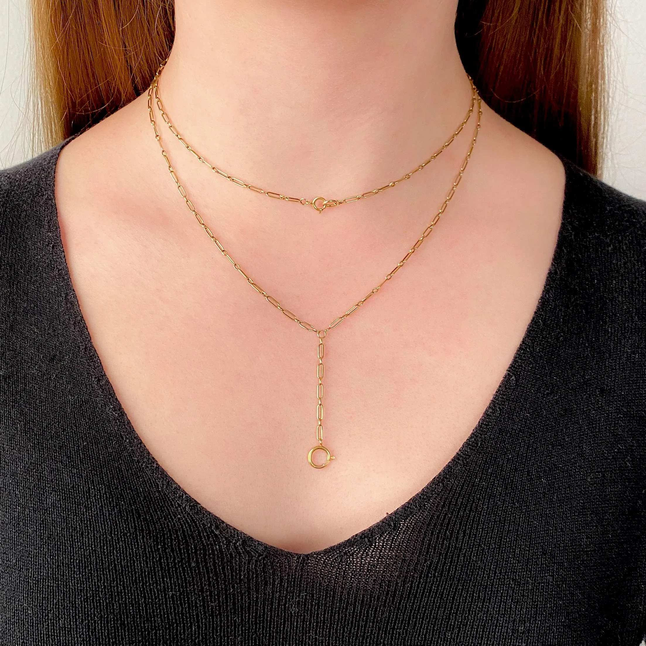 Antique Paperclip Link Lariat Watch Chain Necklace of 14k Gold