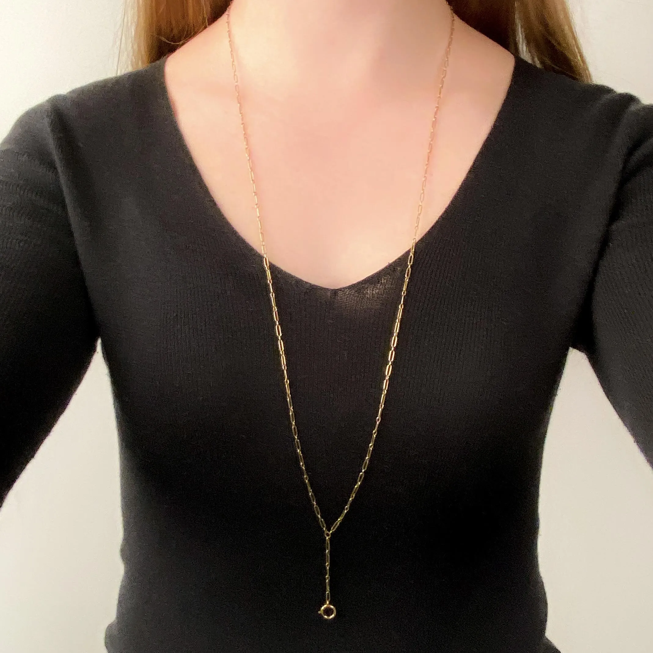 Antique Paperclip Link Lariat Watch Chain Necklace of 14k Gold