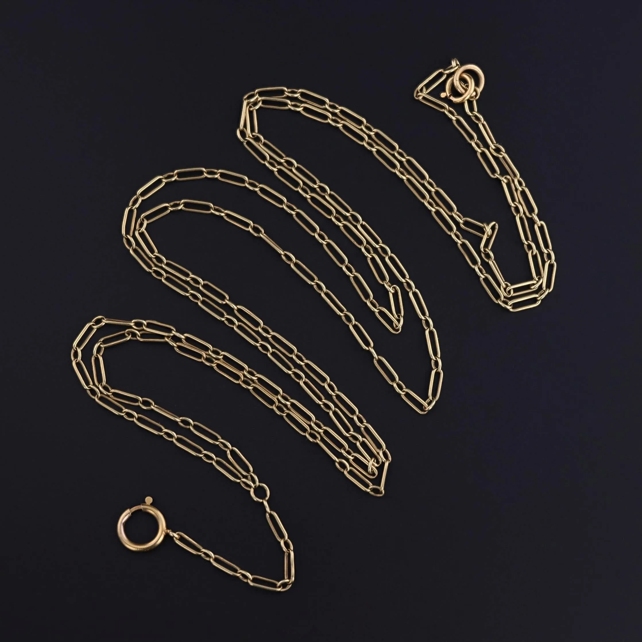 Antique Paperclip Link Lariat Watch Chain Necklace of 14k Gold