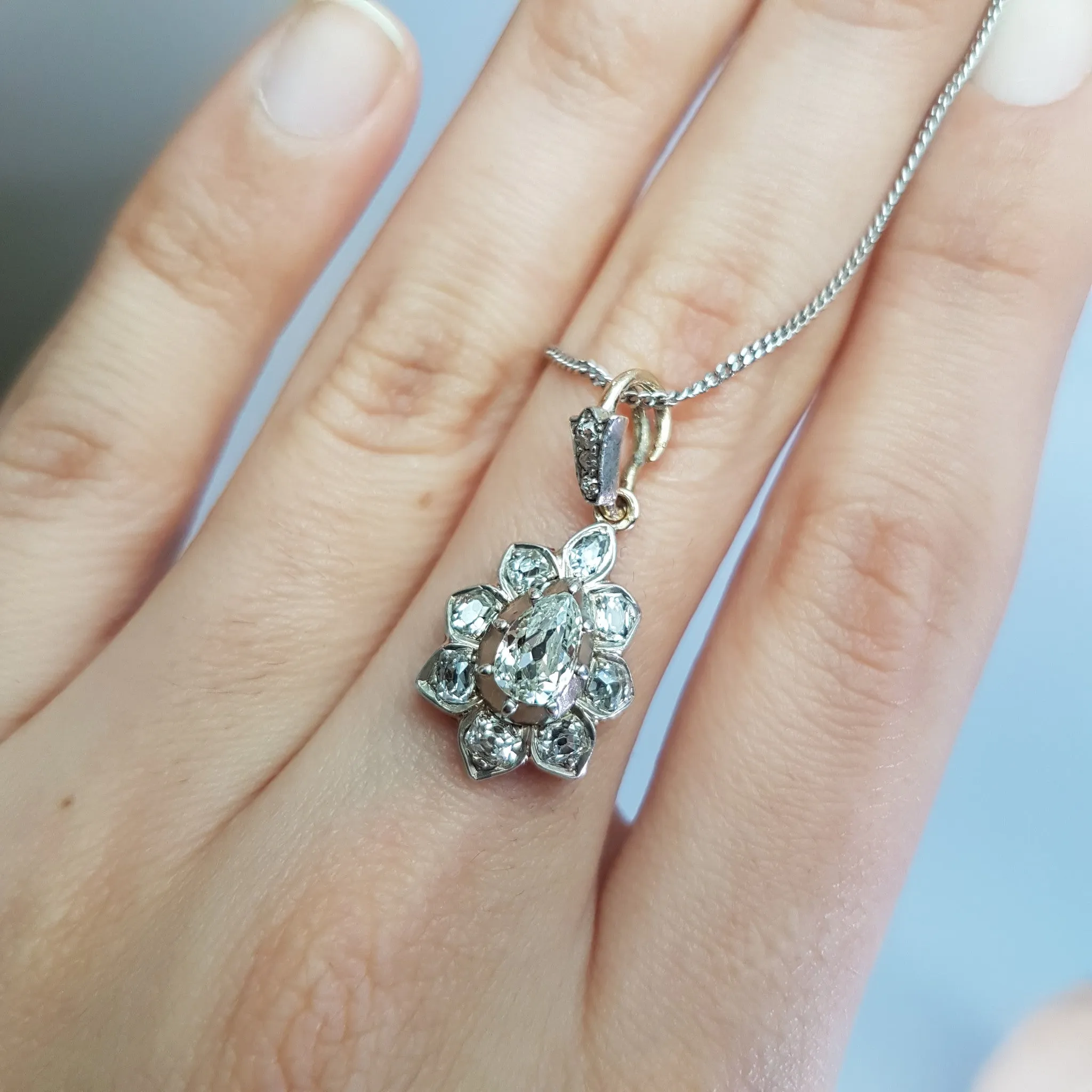 ANTIQUE PEAR CUT DIAMOND PENDANT IN SILVER AND GOLD