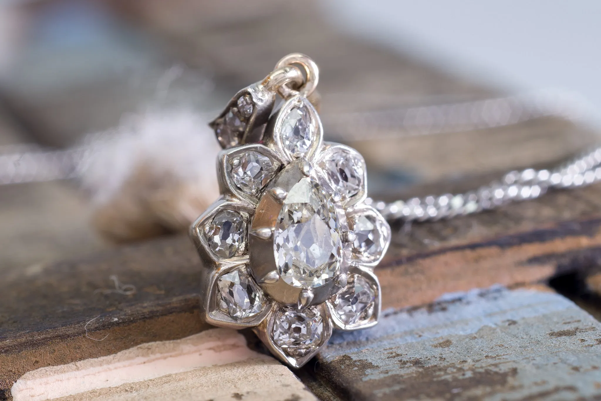ANTIQUE PEAR CUT DIAMOND PENDANT IN SILVER AND GOLD