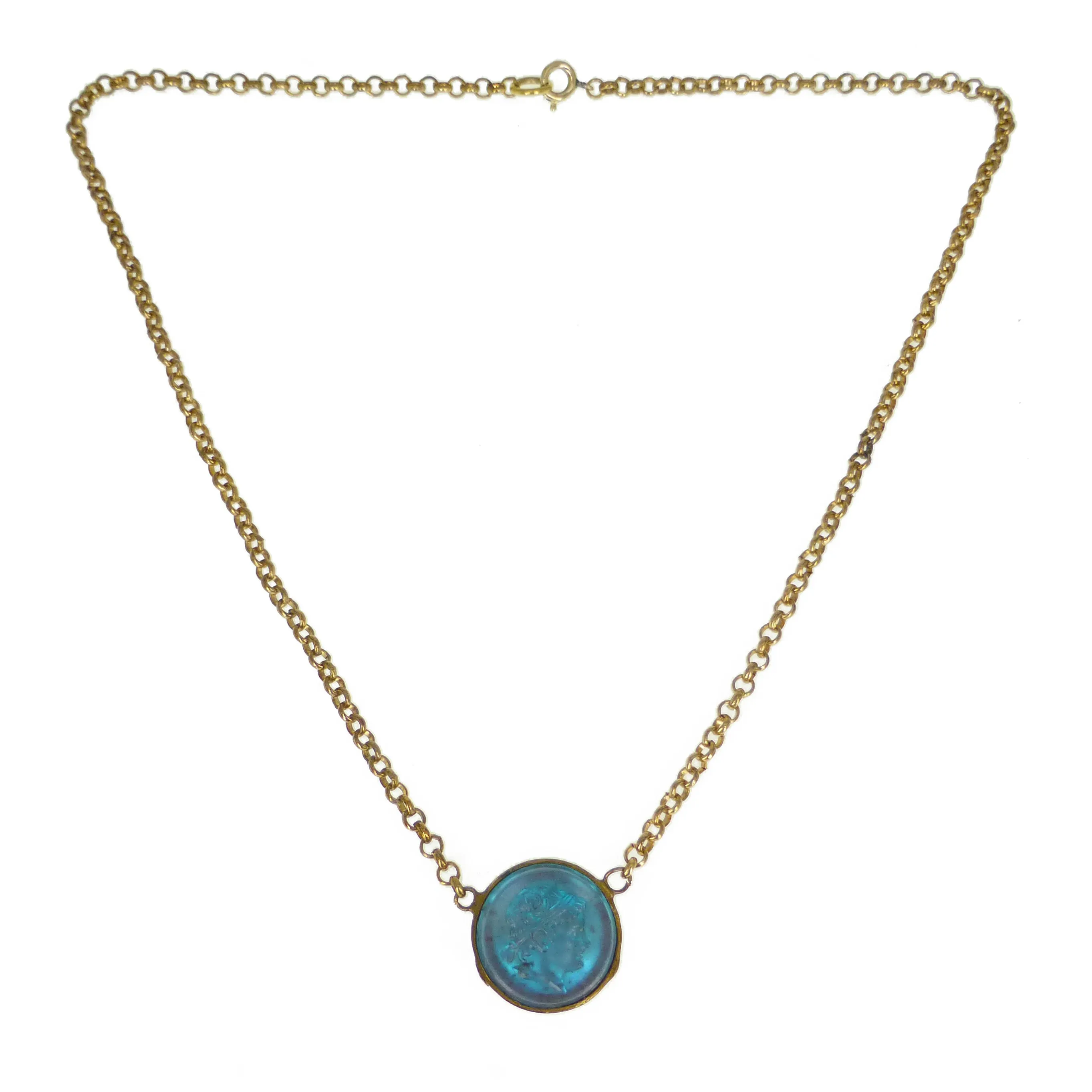 Antique Saphiret Glass Cameo Pendant Necklace