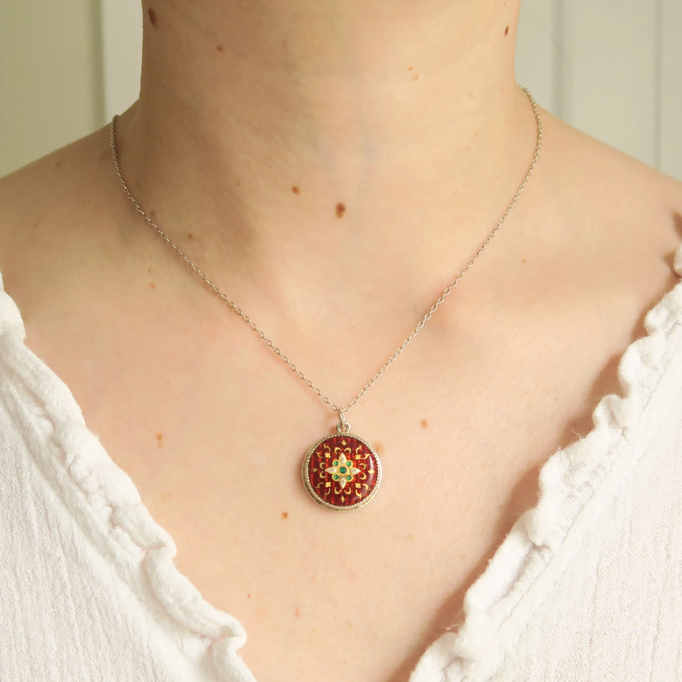 Antique Silver Bressan Enamel Jewel Tone Pendant