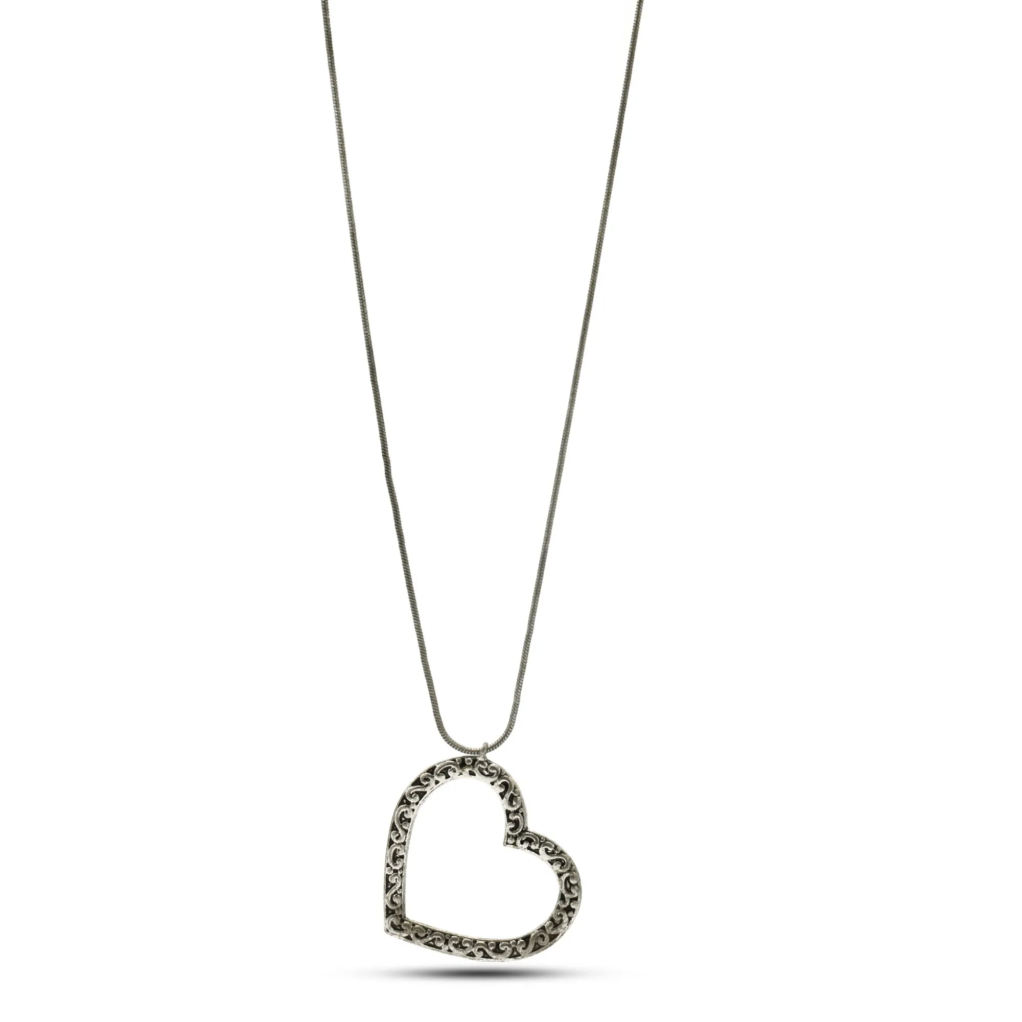 ANTIQUE SILVER HEART FILIGREE PENDANT LONG CHAIN NECKLACE #SQ321-071507 (LF2)