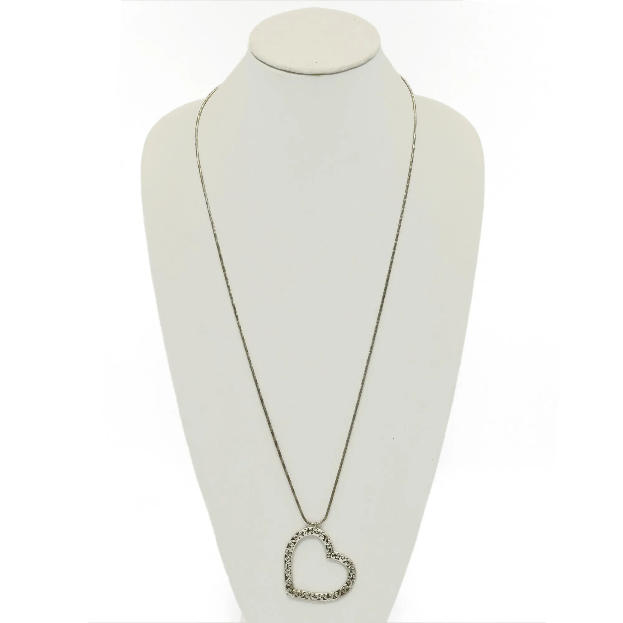ANTIQUE SILVER HEART FILIGREE PENDANT LONG CHAIN NECKLACE #SQ321-071507 (LF2)