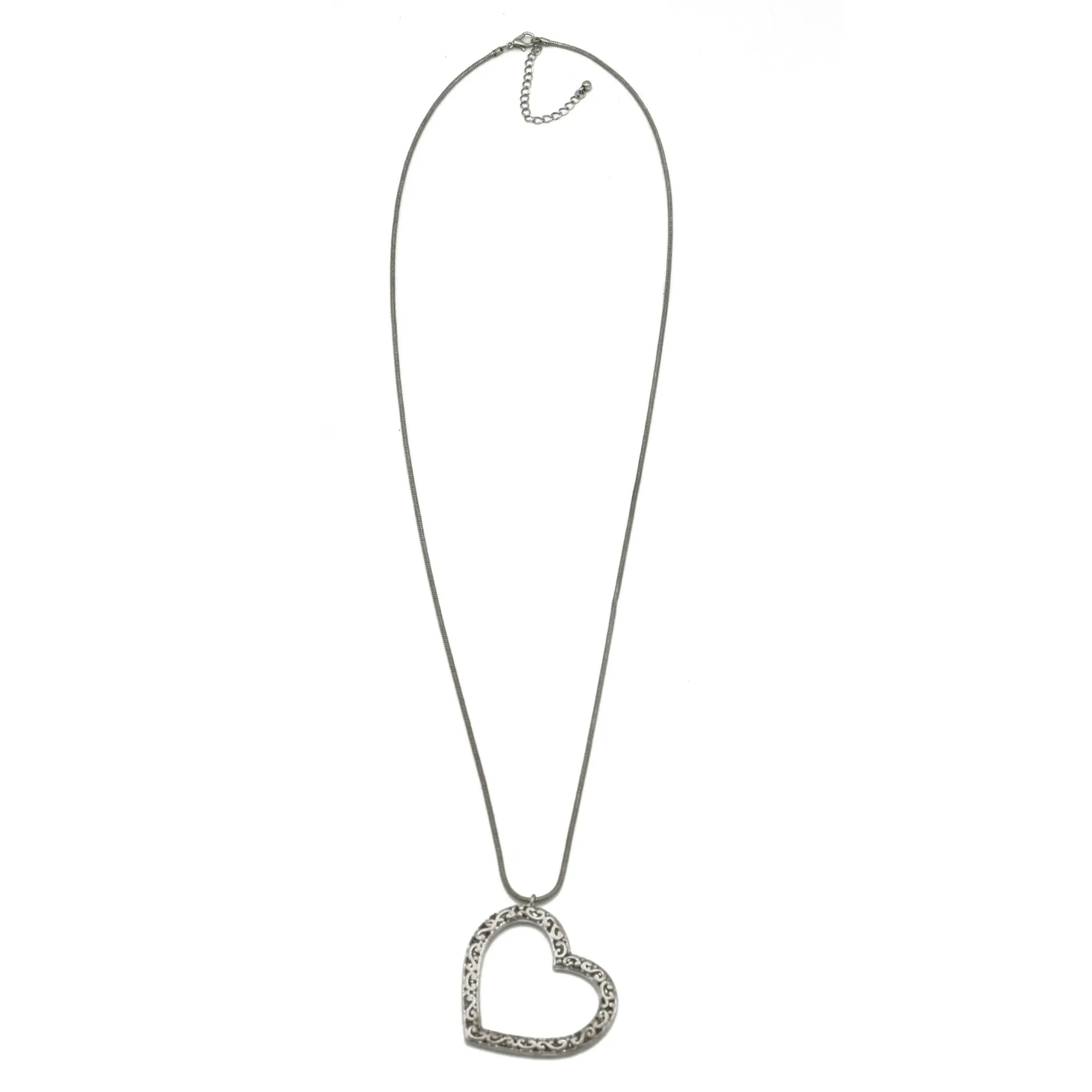 ANTIQUE SILVER HEART FILIGREE PENDANT LONG CHAIN NECKLACE #SQ321-071507 (LF2)