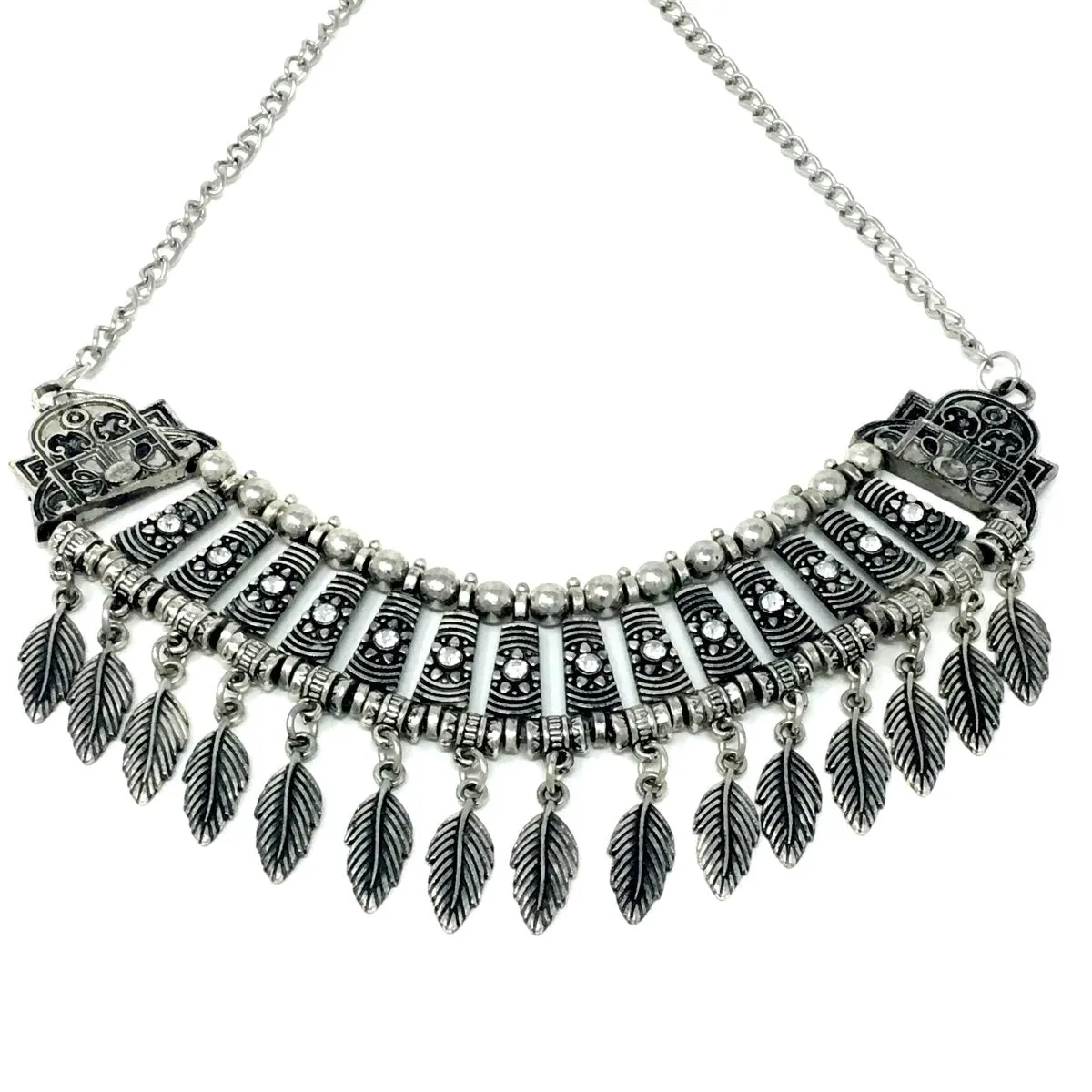 Antique Silver Necklace with Leaves Drops
