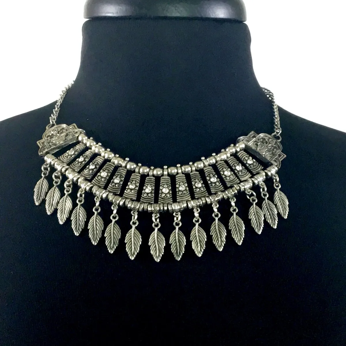 Antique Silver Necklace with Leaves Drops