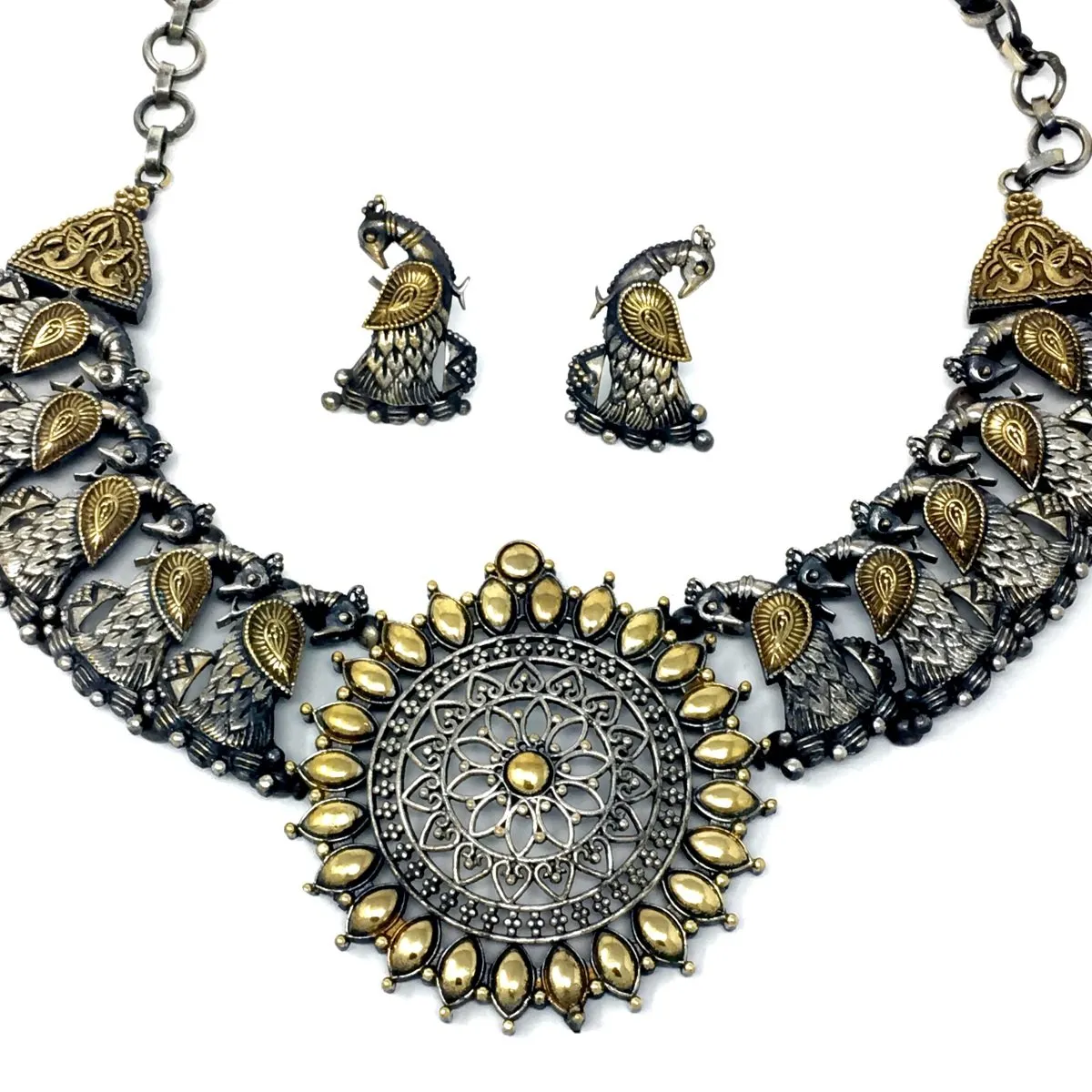 Antique Silver Peacock Necklace Set with Earrings