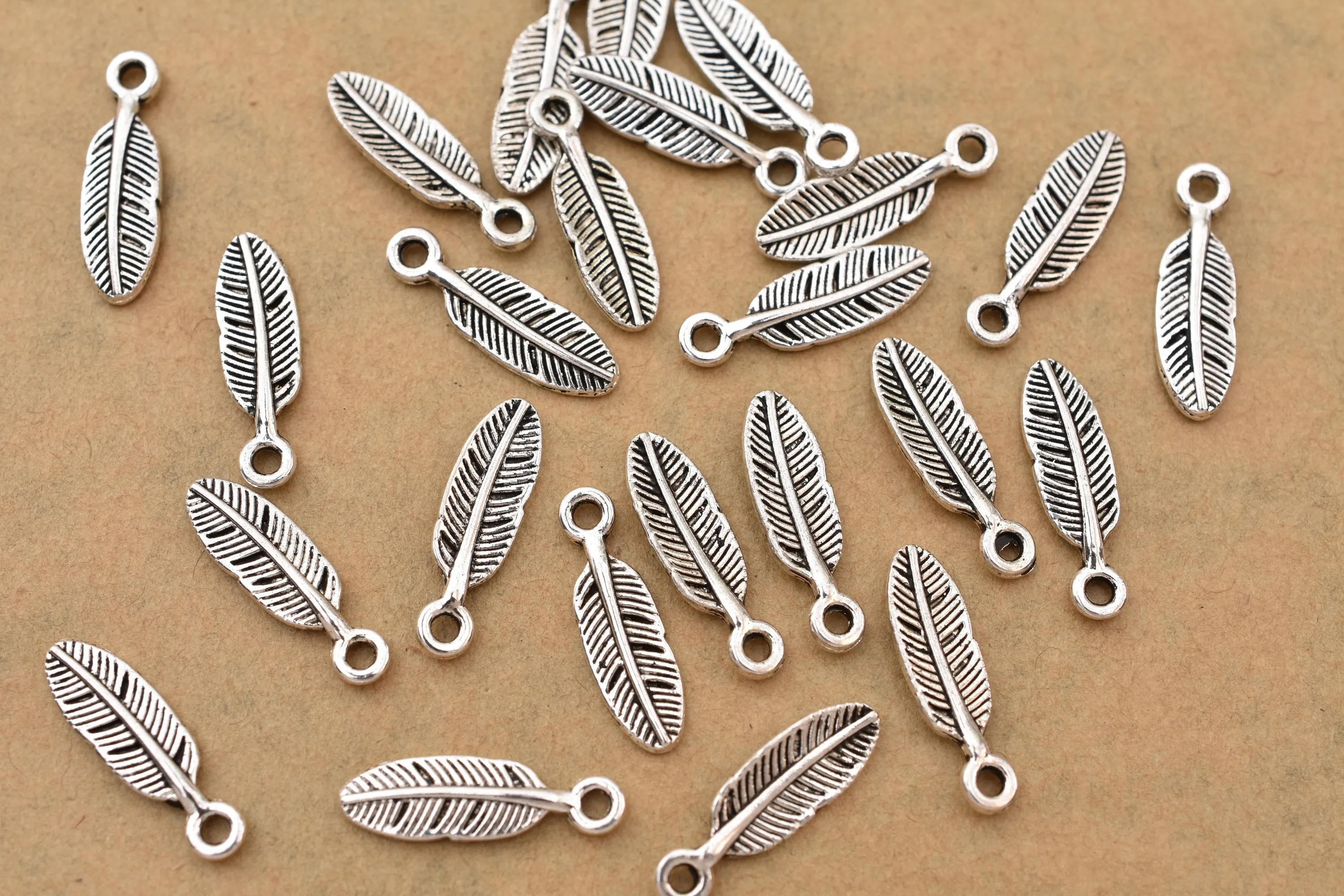 Antique Silver Plated Feather Charm - 17x5 mm
