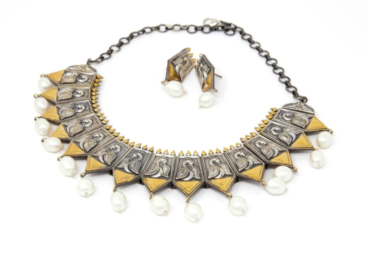 Antique Silver Swan Necklace Set with Earrings