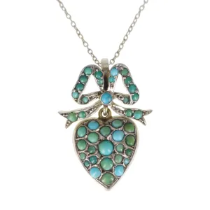 Antique Silver Turquoise Heart & Bow Pendant