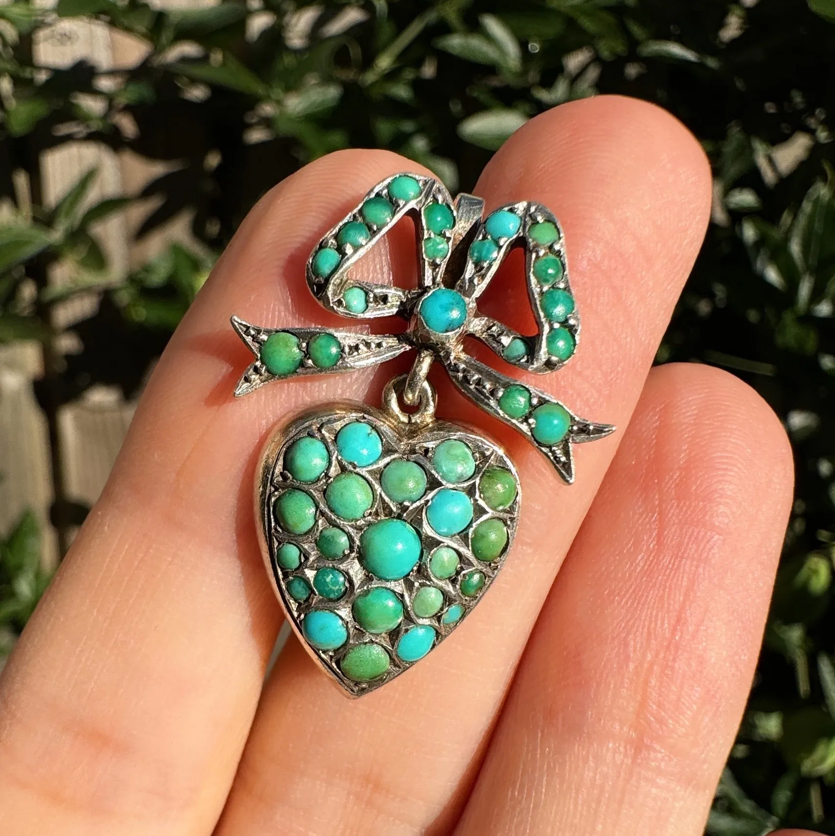 Antique Silver Turquoise Heart & Bow Pendant