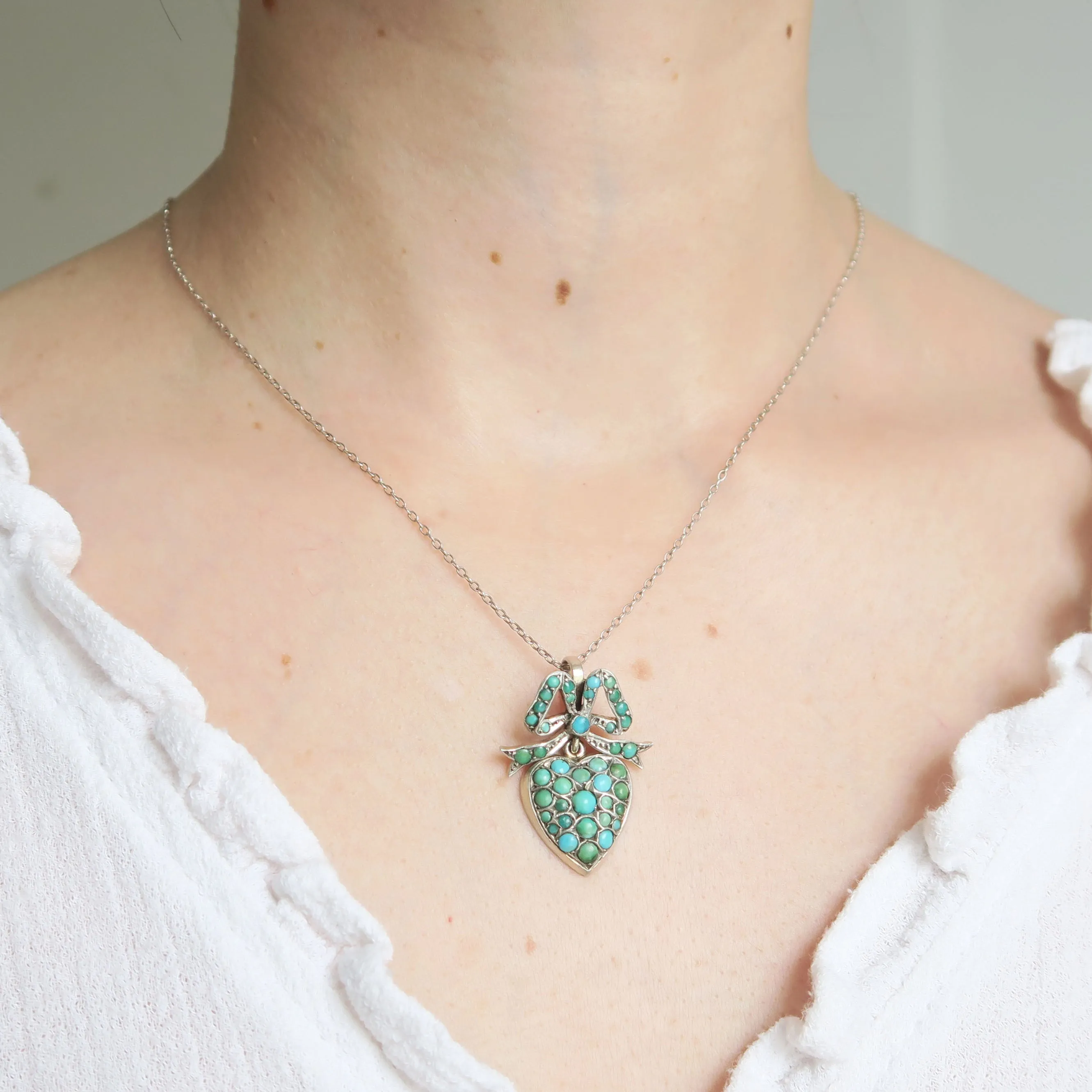 Antique Silver Turquoise Heart & Bow Pendant