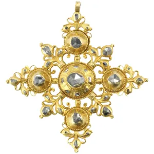 Antique Spanish 18th Century 22K Gold & Rose Cut Diamond Cordoba Pendant Cross