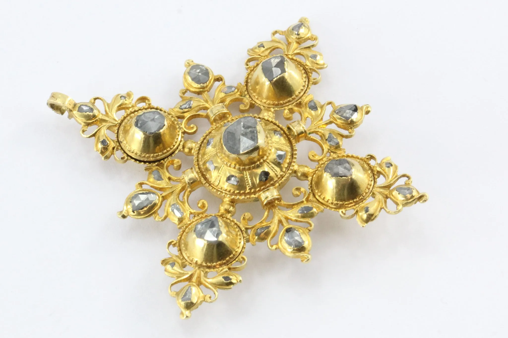 Antique Spanish 18th Century 22K Gold & Rose Cut Diamond Cordoba Pendant Cross