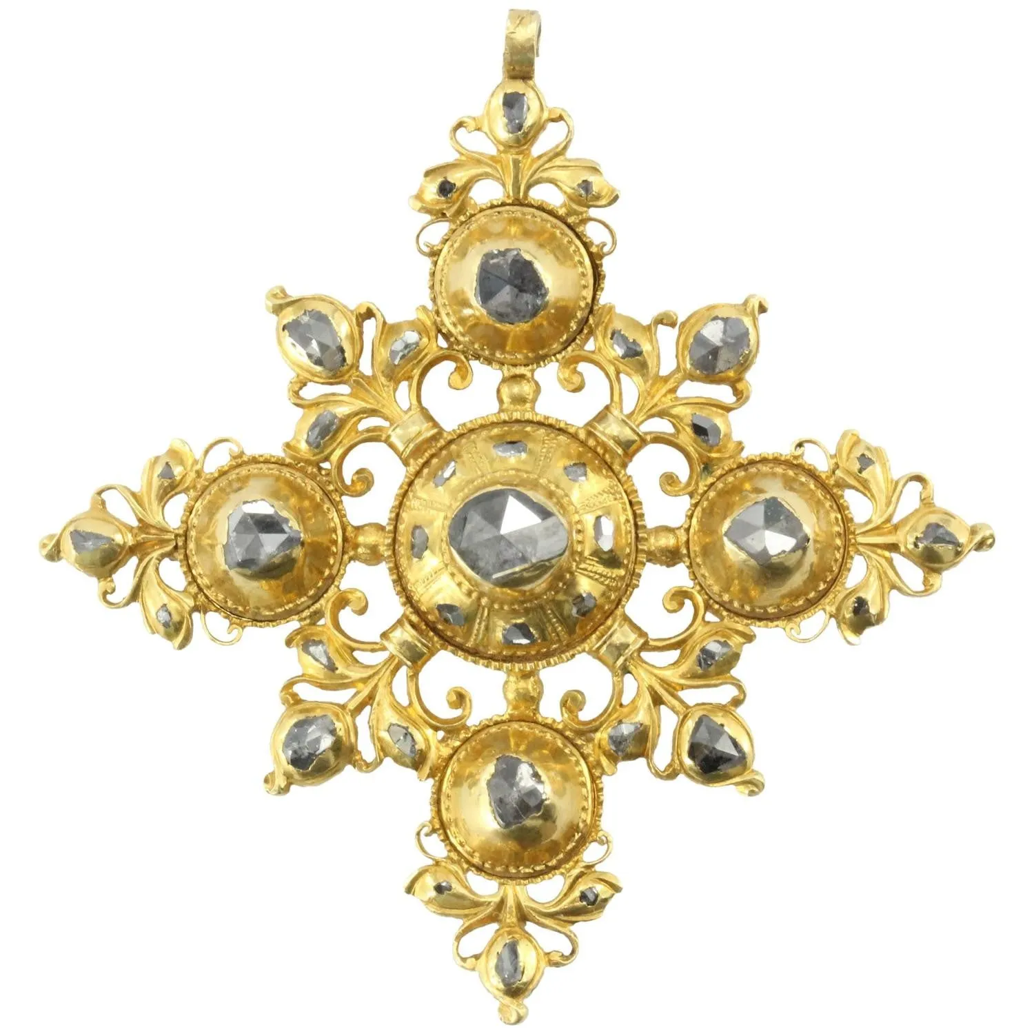 Antique Spanish 18th Century 22K Gold & Rose Cut Diamond Cordoba Pendant Cross