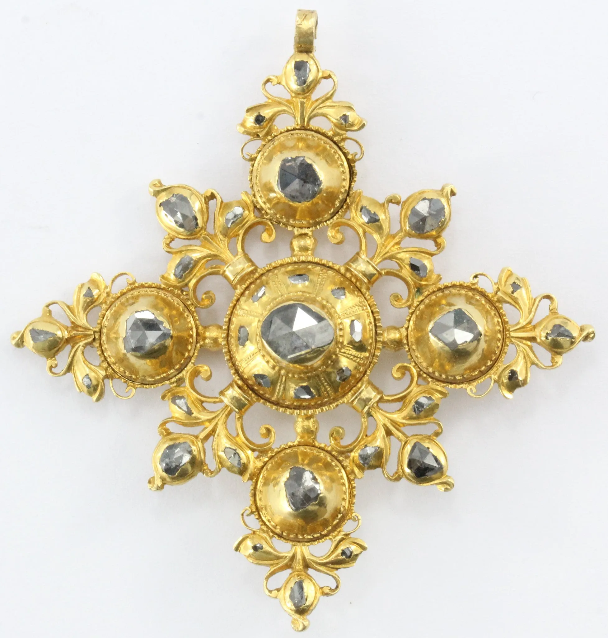 Antique Spanish 18th Century 22K Gold & Rose Cut Diamond Cordoba Pendant Cross